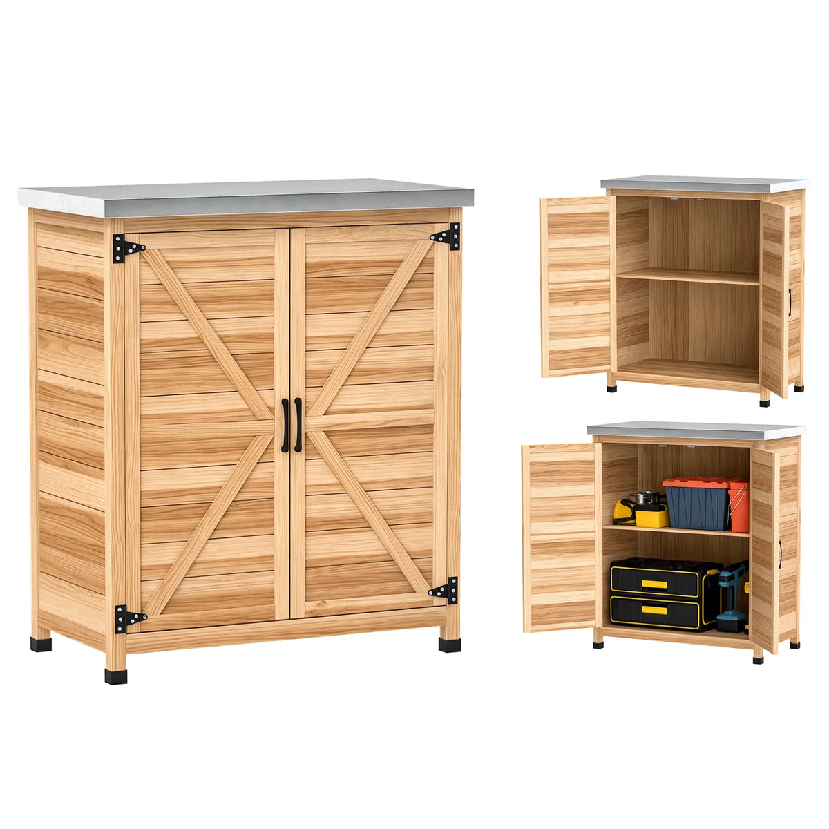 Outdoor Potting Bench Table, Metal Tabletop, Shelf, Double Doors, Natural Sheds at Gallery Canada