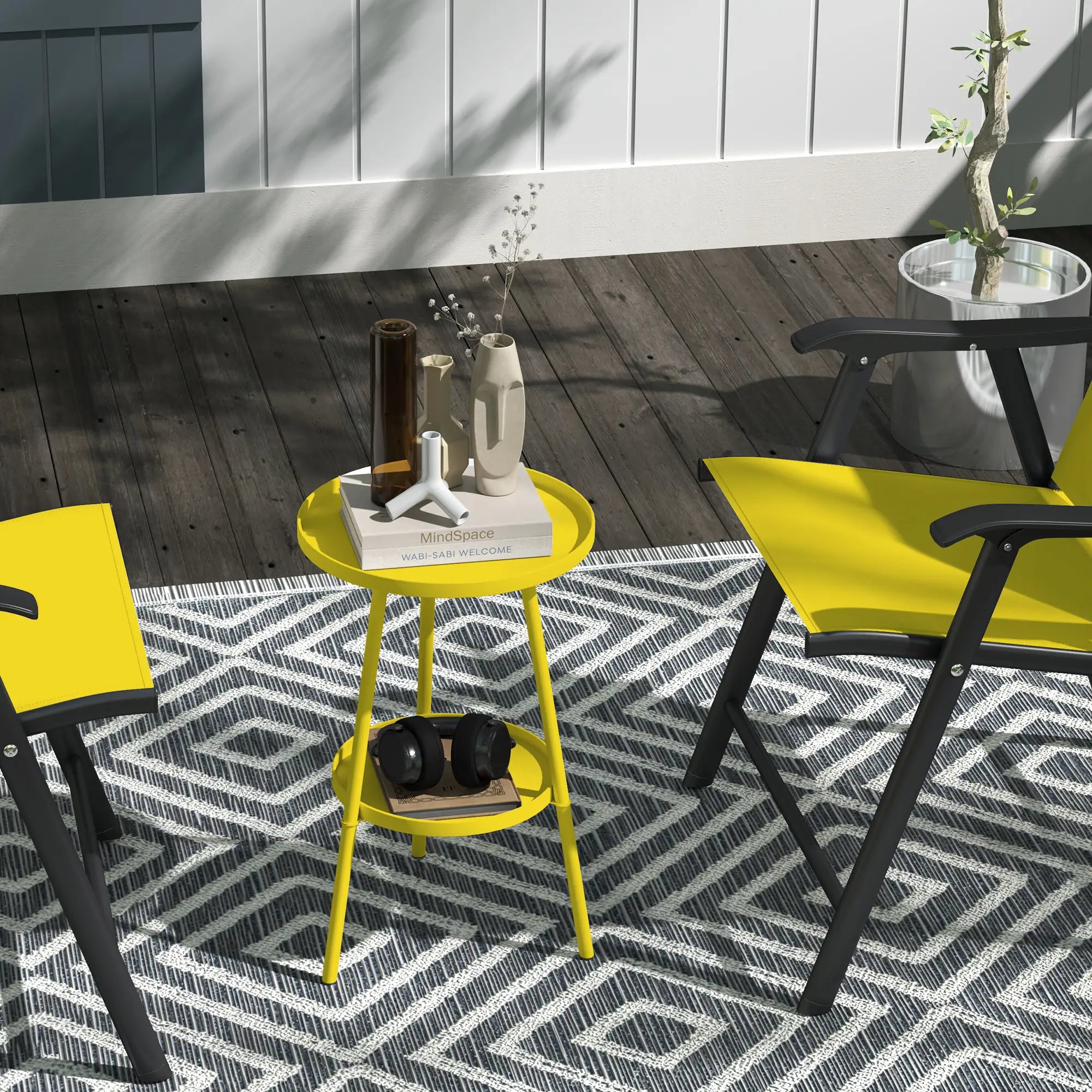 Round Garden Table, 2-Tier Small Side Table, Metal Patio Table, Yellow Patio Side Tables at Gallery Canada
