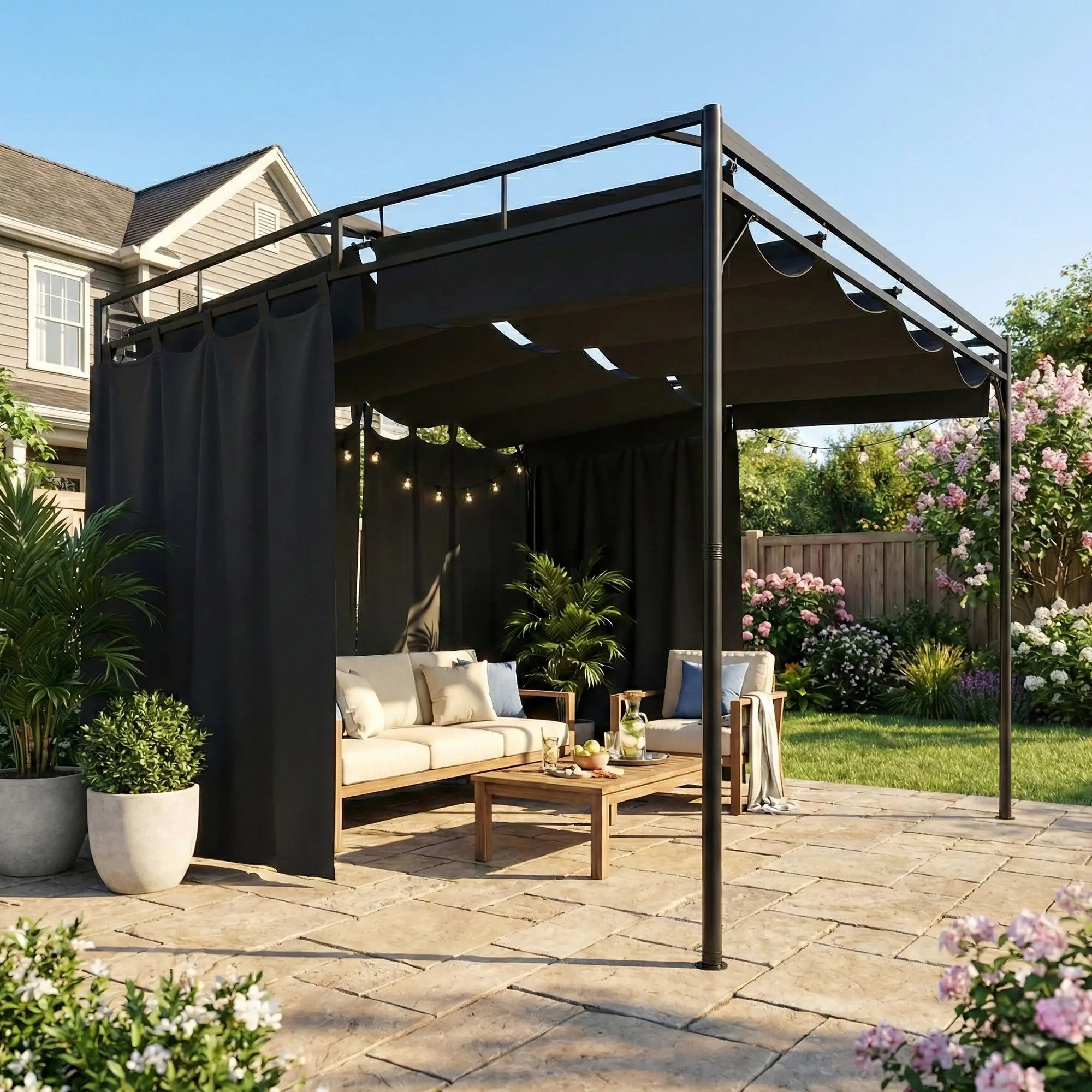 10' x 10' Retractable Pergola Canopy, Metal Garden Gazebo Sun Shade Pergolas at Gallery Canada