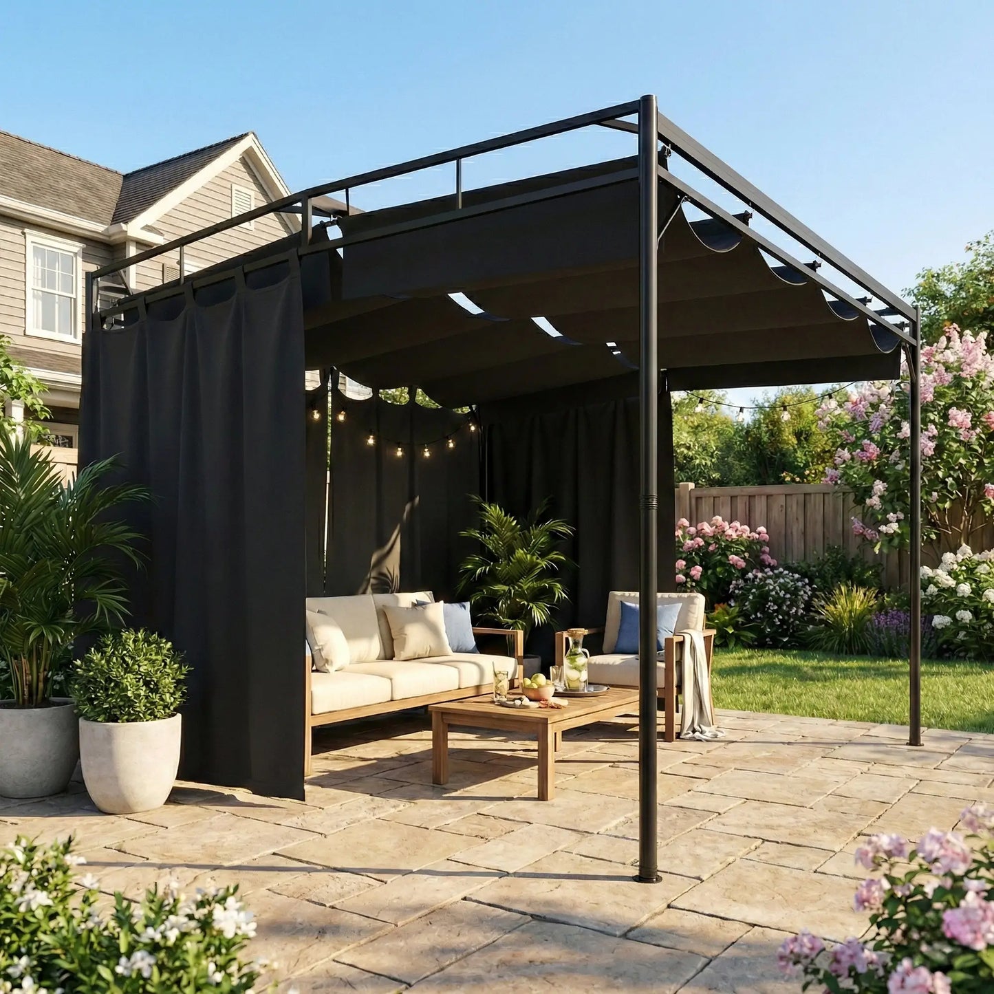 10' x 10' Retractable Pergola Canopy, Metal Garden Gazebo Sun Shade Pergolas at Gallery Canada