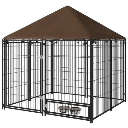4.6' x 4.6' x 5' Outdoor Dog Kennel, Canopy, Rotating Bowls, Coffee Houses, Kennels & Pens Black, Brown at Gallery Canada