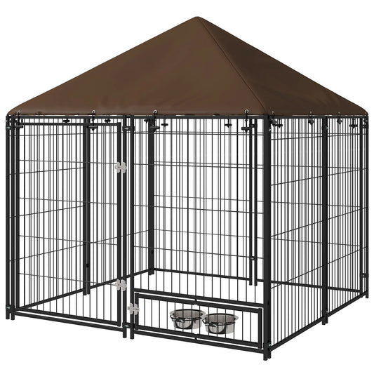 4.6' x 4.6' x 5' Outdoor Dog Kennel, Canopy, Rotating Bowls, Coffee Houses, Kennels & Pens Black, Brown at Gallery Canada