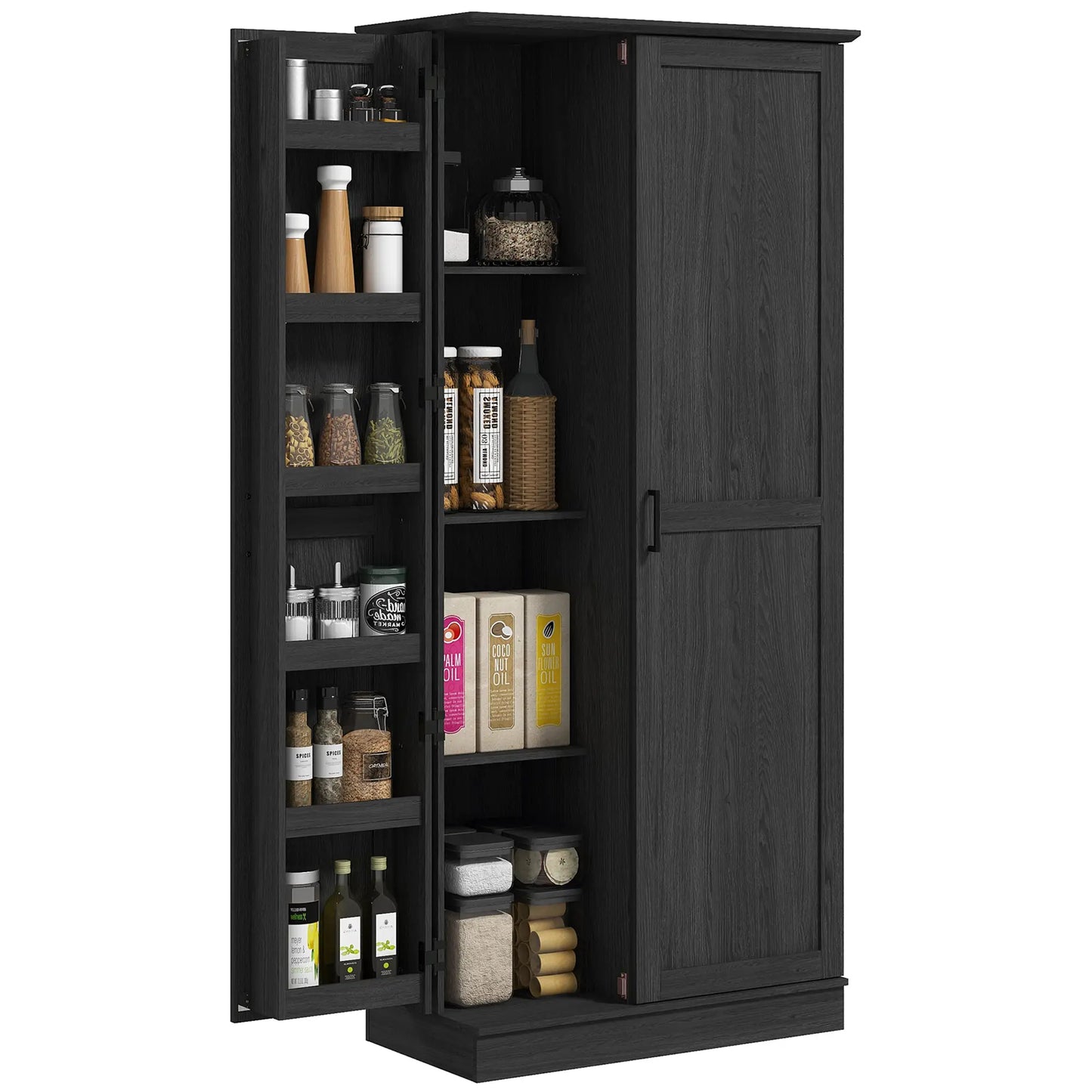70" Tall Kitchen Pantry Cabinet, Adjustable Shelves, Black Wood Grain, Black Kitchen Pantry Cabinets Black Wood Grain at Gallery Canada