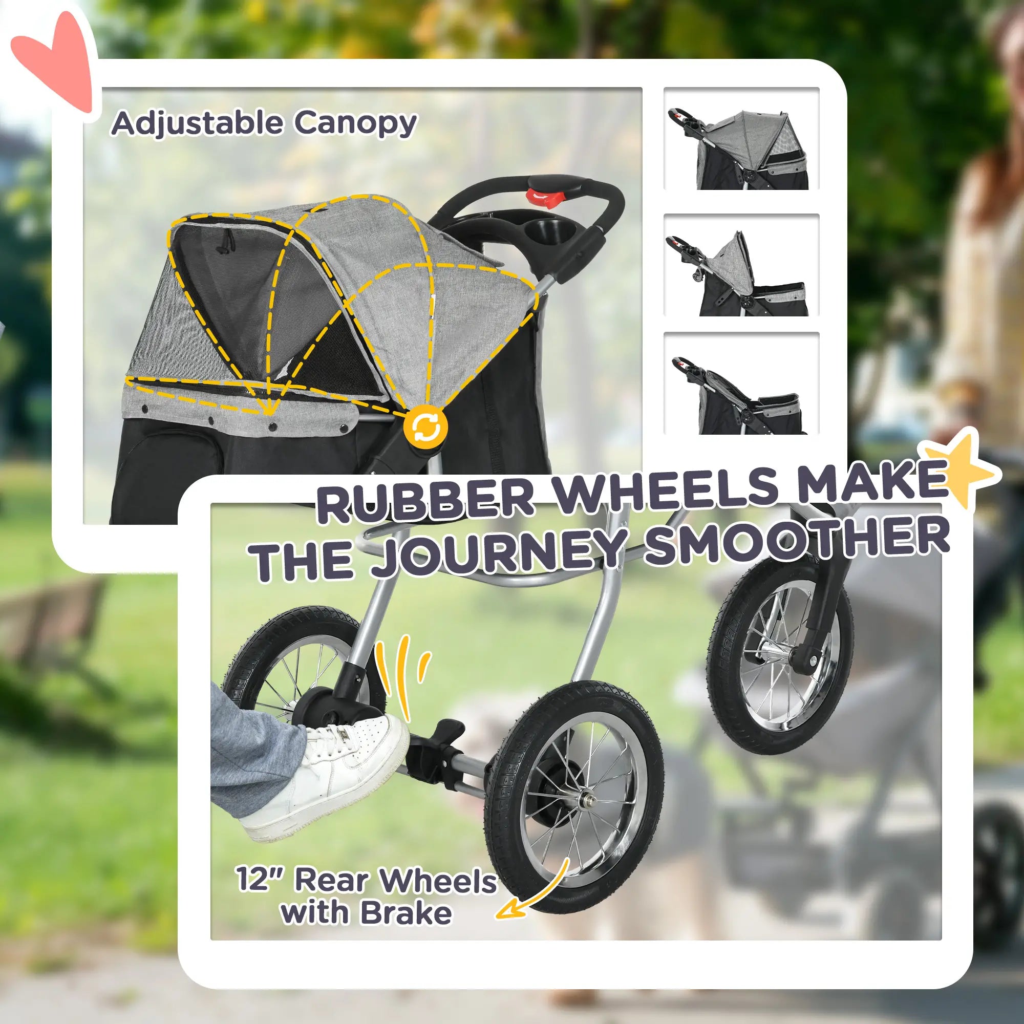3-Wheel Pet Stroller, One-Click Folding, Adjustable Canopy, Grey Dog Bike Trailers & Strollers at Gallery Canada