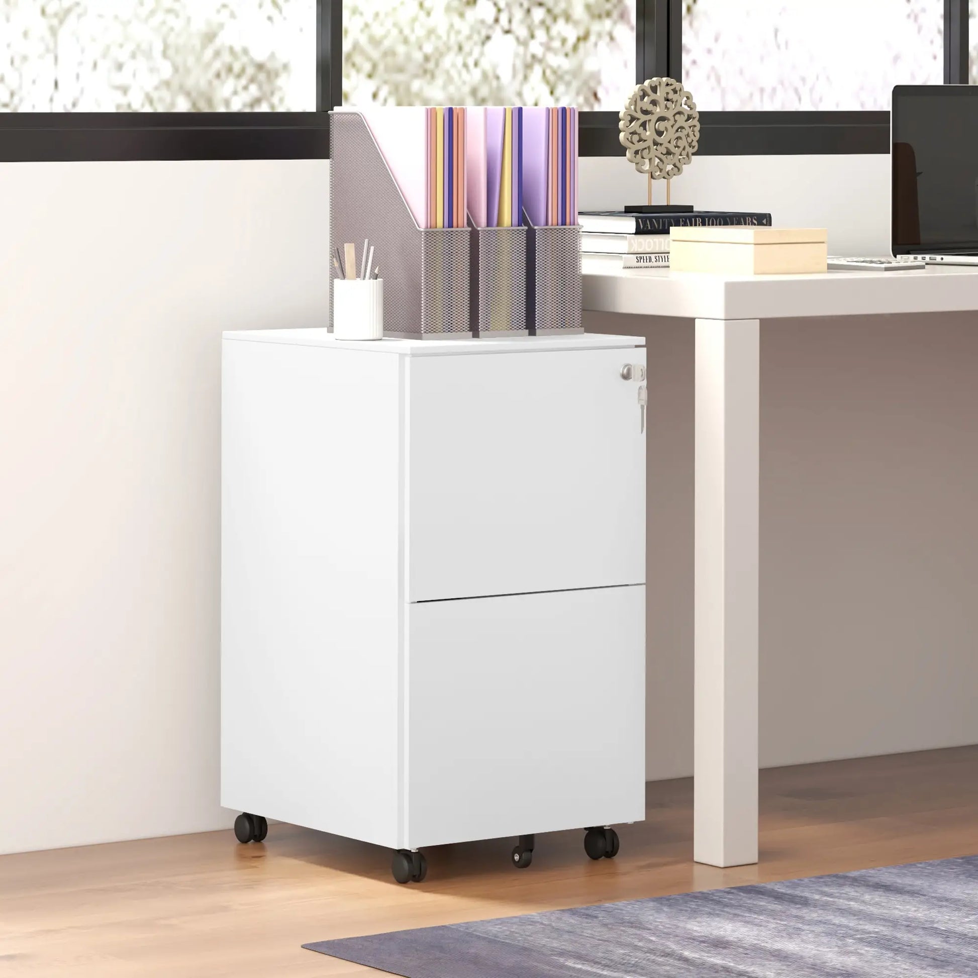 2-Drawer Steel Filing Cabinet on Wheels, Lockable, Adjustable Hanging Bar, White Office Cabinets & Cupboards at Gallery Canada