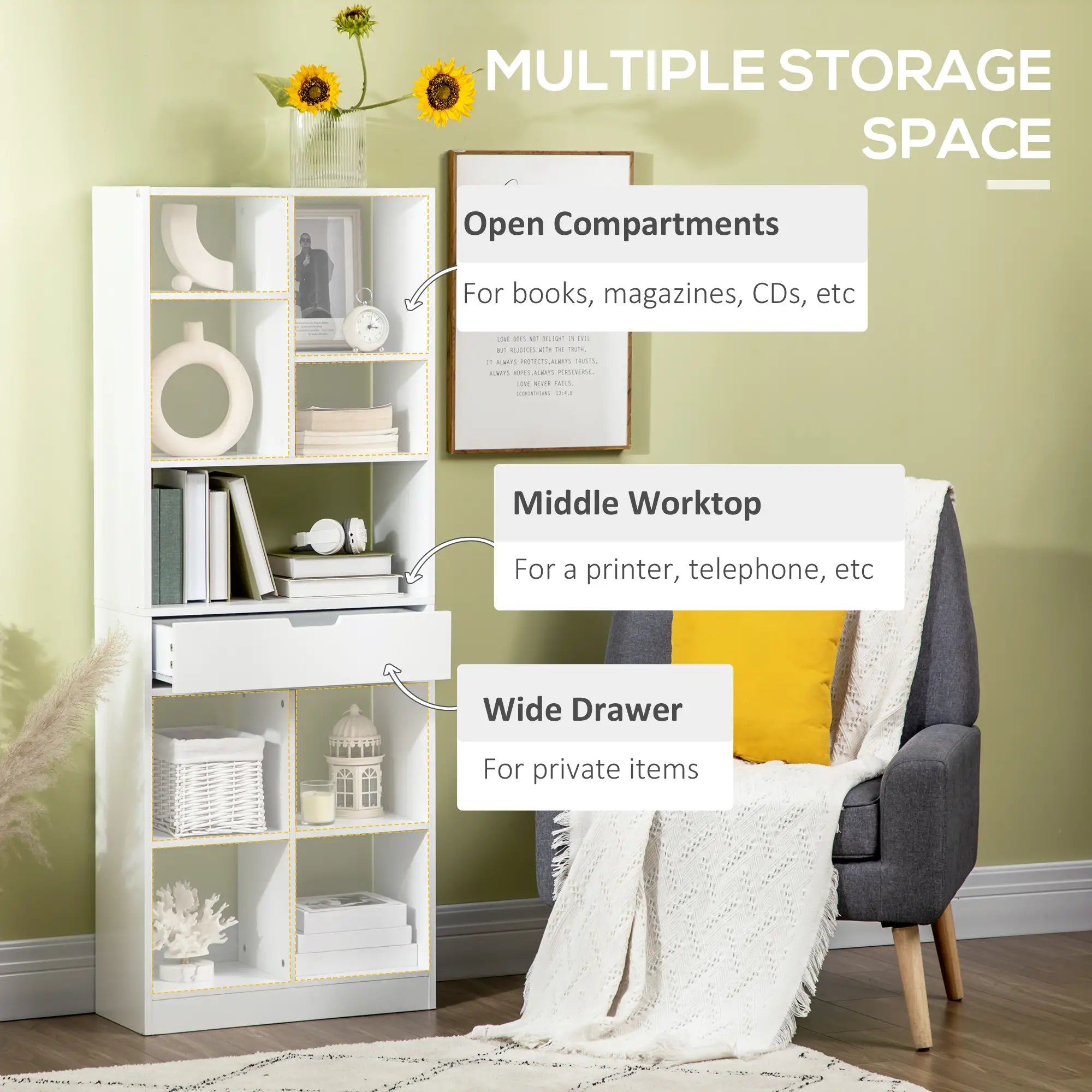 Tall Bookshelf with Drawer, Freestanding Bookcase, White White Bookshelves at Gallery Canada