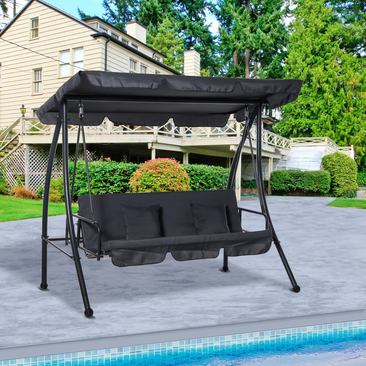3 Person Patio Swing Chair, Convertible Hammock, Dark Grey Patio Swings with Stand at Gallery Canada