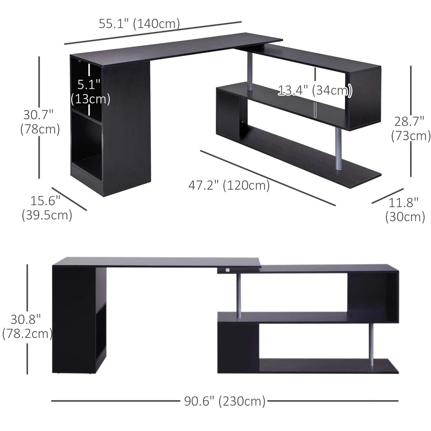 55" Corner Computer Desk, 360° Rotating L-Shaped, Black Computer Desks at Gallery Canada