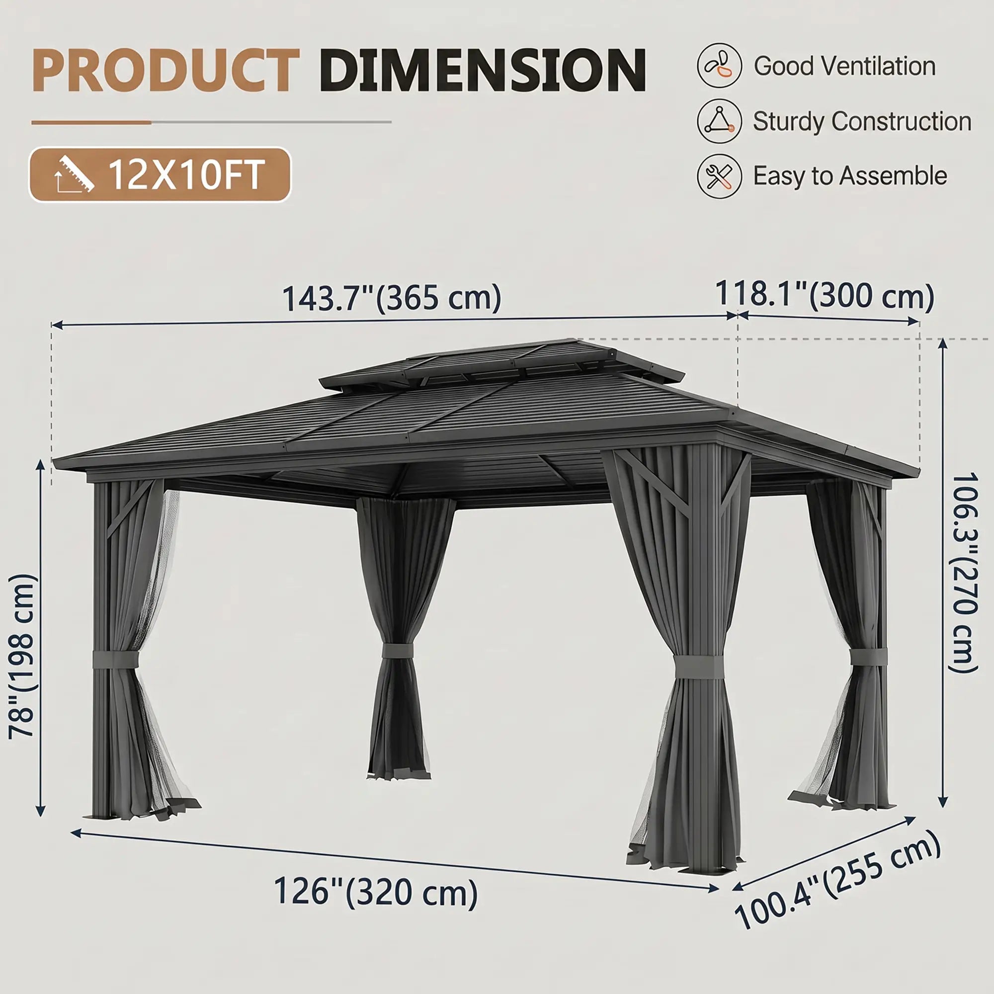 10' x 12' Hardtop Gazebo, Sun Shelter, Metal Roof, Mosquito Net, Light Grey Gazebos at Gallery Canada
