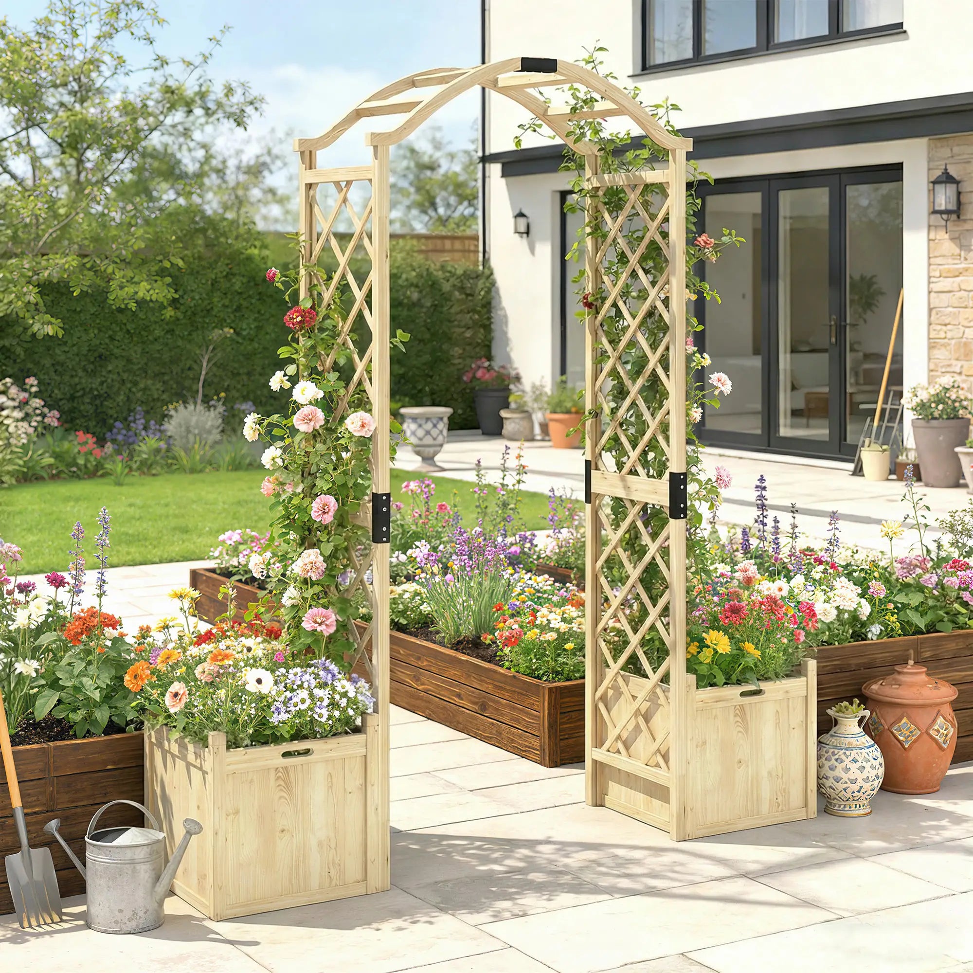 Wooden Garden Arch With 2 Planter Boxes, Arch Trellis, Natural Wood Garden Arches at Gallery Canada