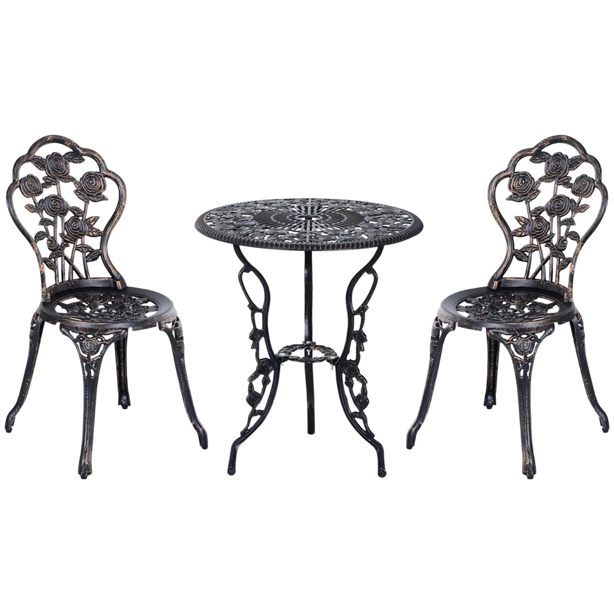 3 Pc Aluminum Bistro Set, Outdoor Patio Table and Chairs, Floral, Bronze Bistro Sets Bronze at Gallery Canada
