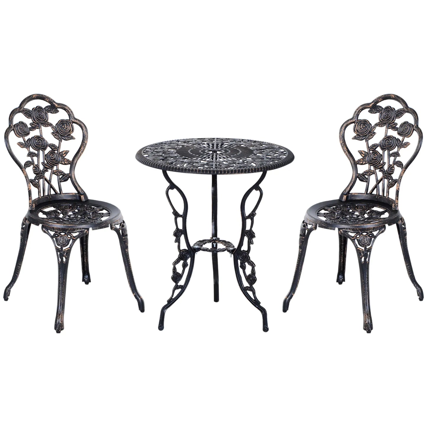 3 Pc Aluminum Bistro Set, Outdoor Patio Table and Chairs, Floral, Bronze Bistro Sets Bronze at Gallery Canada