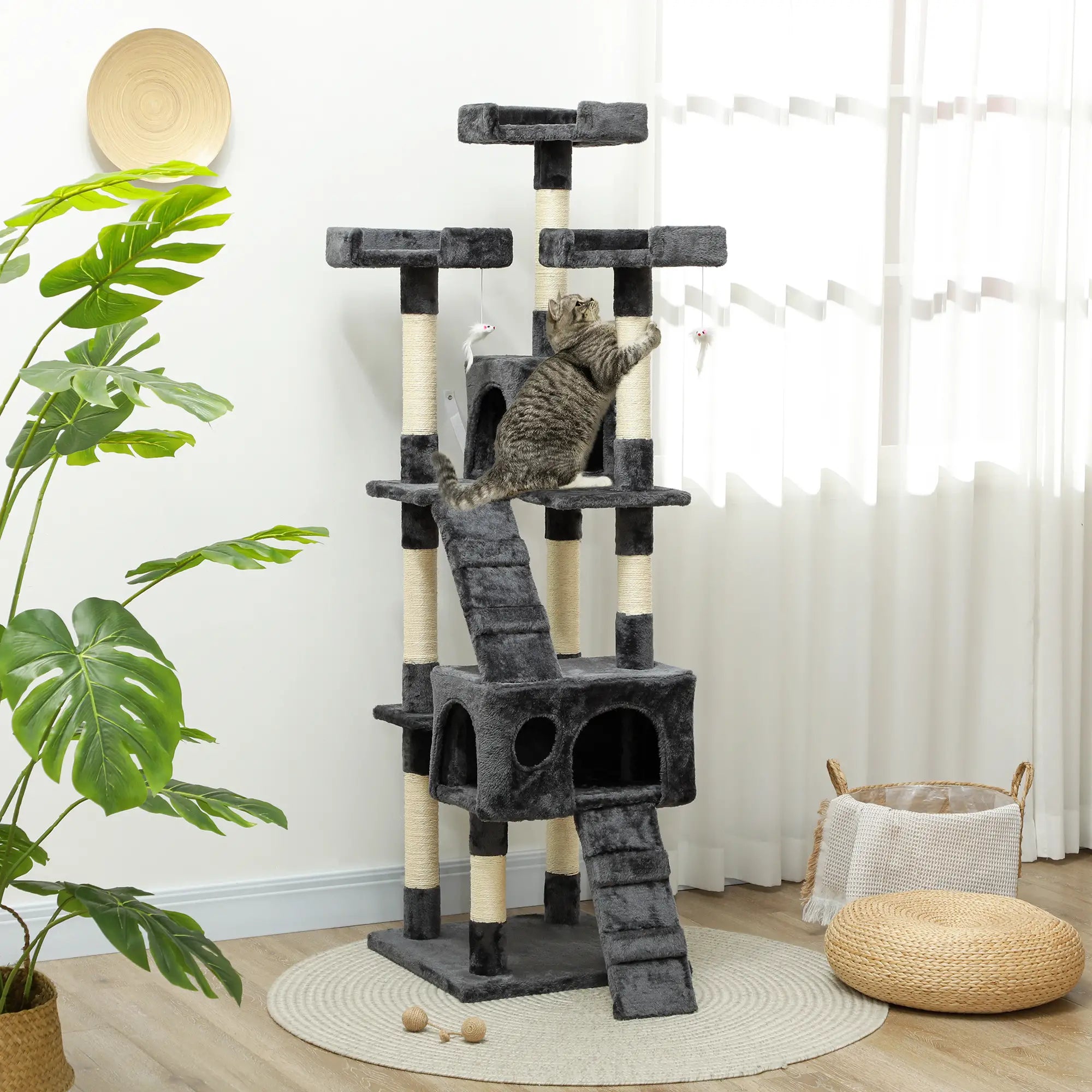 68-Inch Multi-Level Cat Scratching Tree, Kitty Activity Center, Grey Cat Towers at Gallery Canada