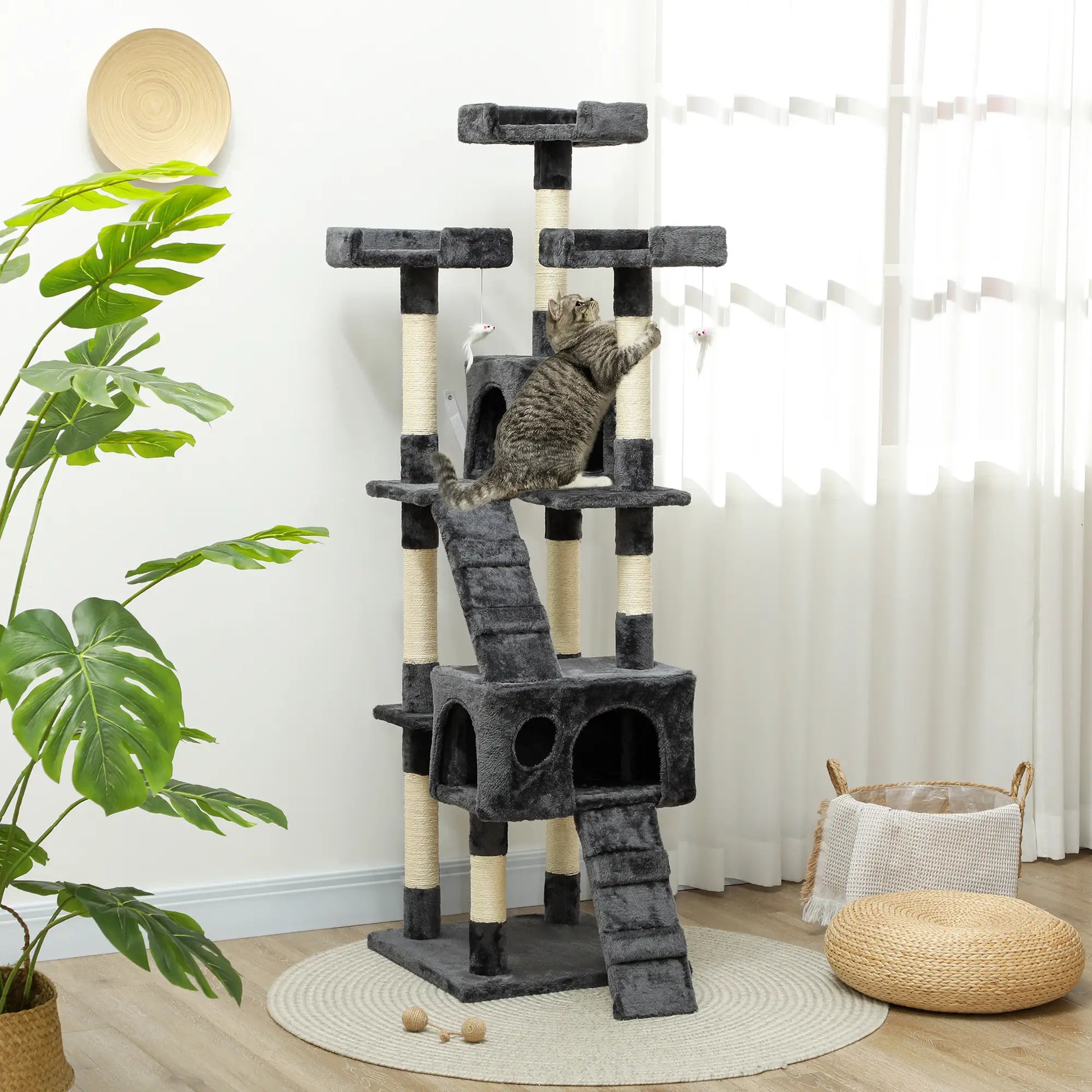68-Inch Multi-Level Cat Scratching Tree, Kitty Activity Center, Grey Cat Towers at Gallery Canada