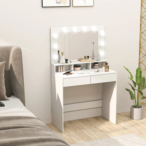 Vanity Table with LED Mirror, Charging Station, Drawers, White