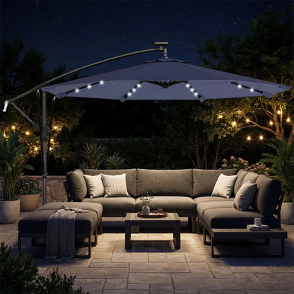 9.7ft Solar LED Cantilever Patio Umbrella, 32 LED Lights, Dark Blue Offset Cantilever Umbrellas at Gallery Canada