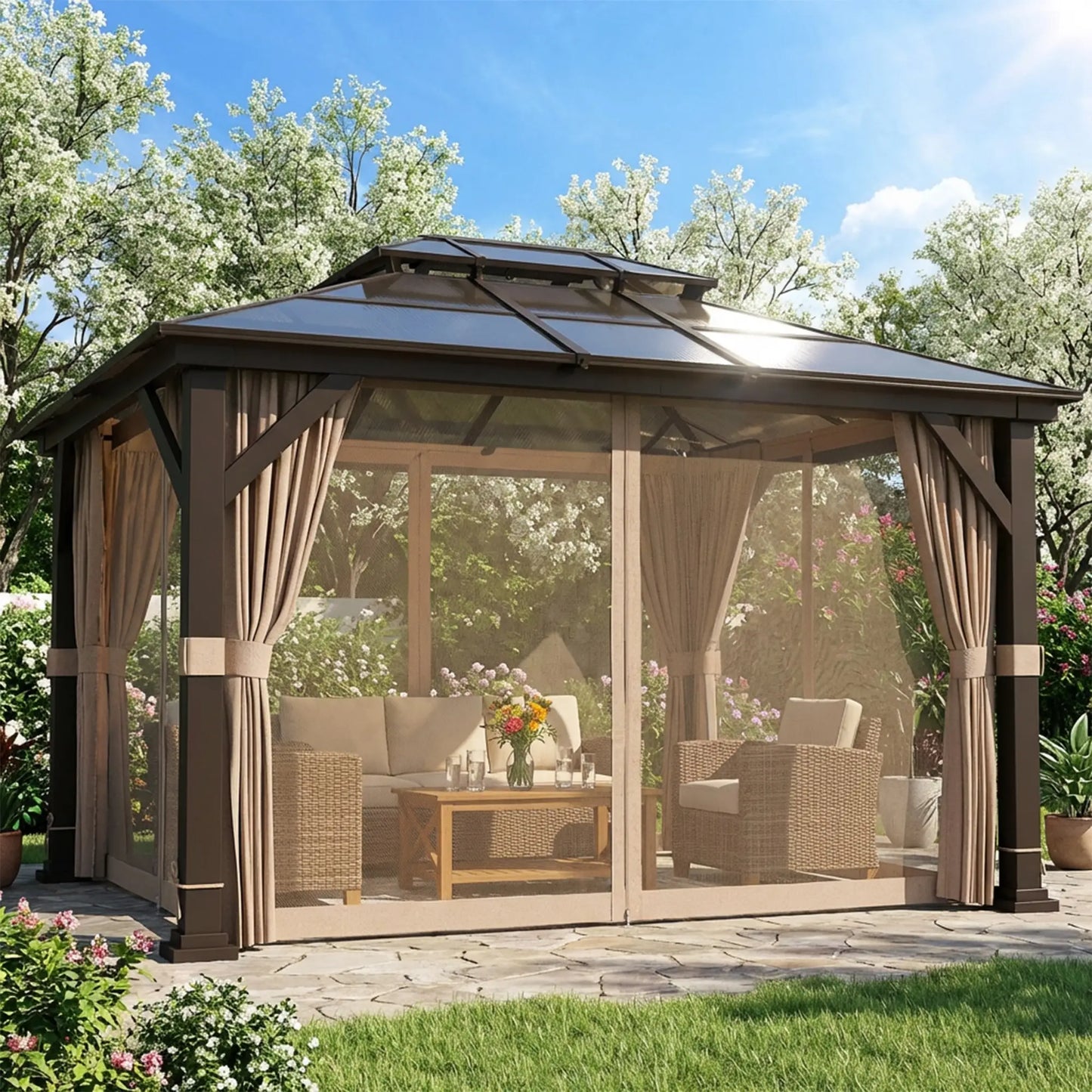 10' x 12' Hardtop Gazebo, Steel Permanent Outdoor, Khaki Gazebos at Gallery Canada