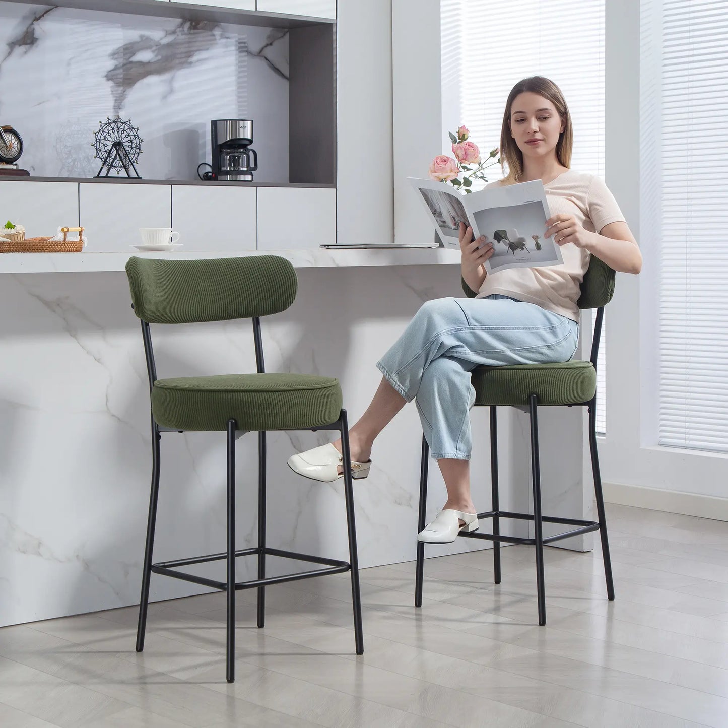 Set of 2 Barstools, Upholstered Corduroy, Backrest, Footrest, Green Bar Stools at Gallery Canada