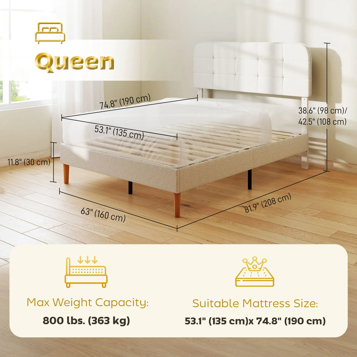 Queen Size Upholstered Platform Bed Frame, Adjustable Headboard, White
