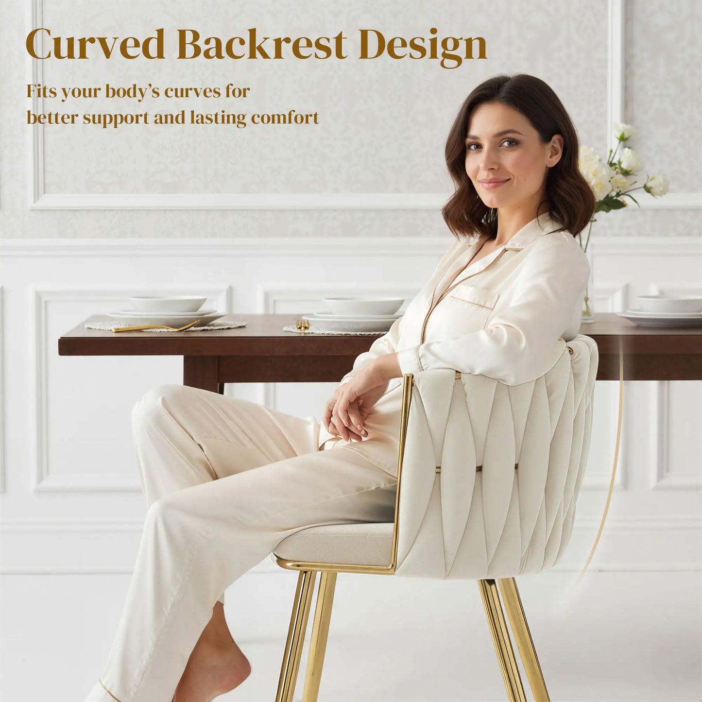 Modern Dining Chairs Set Of 2, Velvet Upholstered With Metal Legs, Cream White Dining Table Sets at Gallery Canada