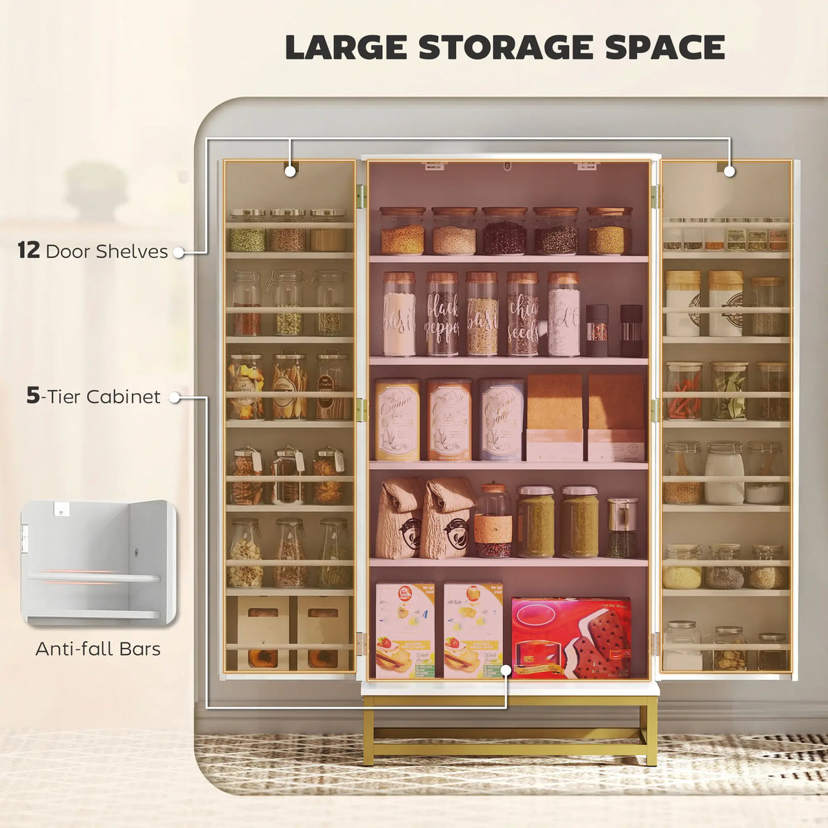 47 In Kitchen Pantry Cabinet, Freestanding Storage With 12 Door Shelves