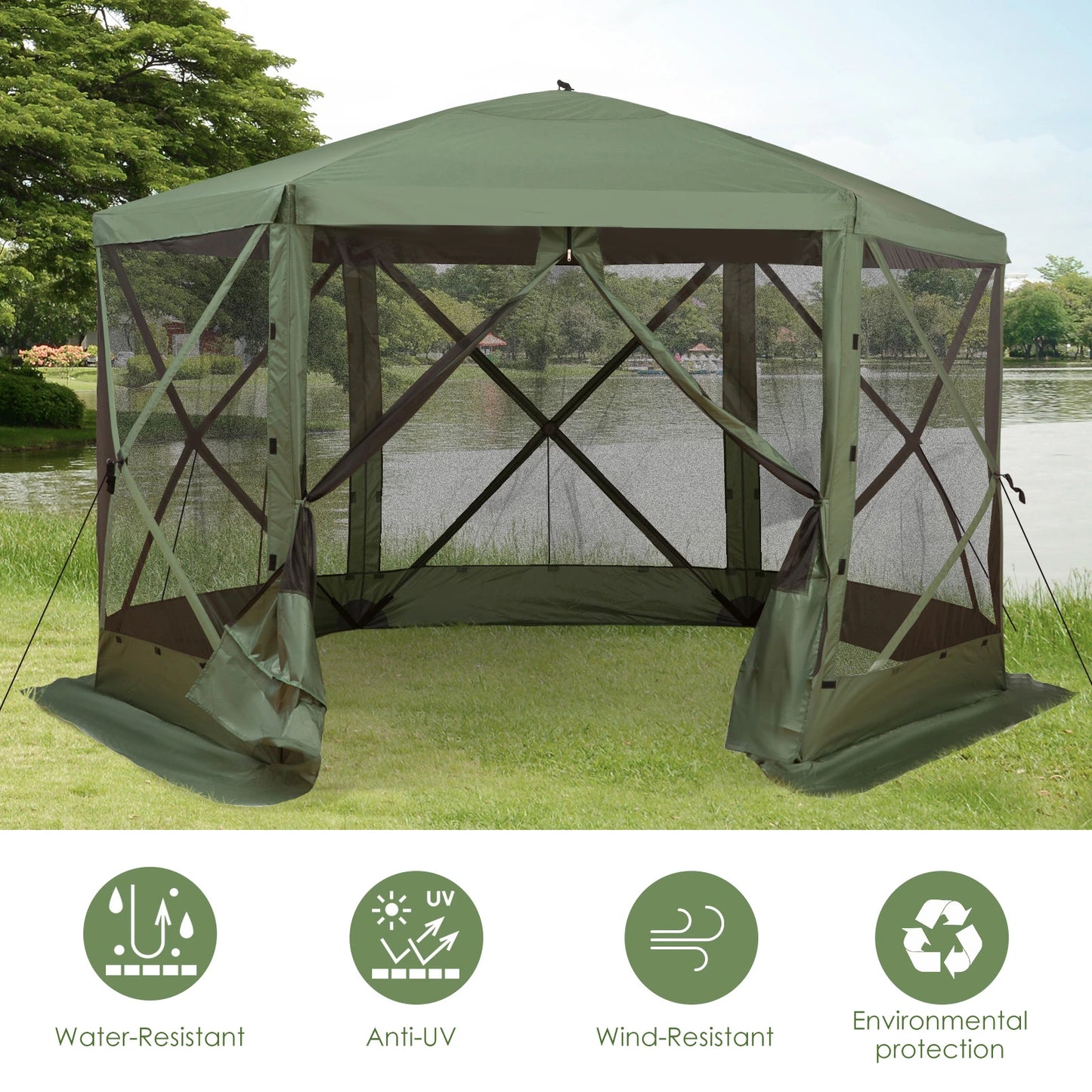 12' x 12' Hexagon Pop Up Screen Tent, Camping Shelter, Green Pop Up Canopies at Gallery Canada
