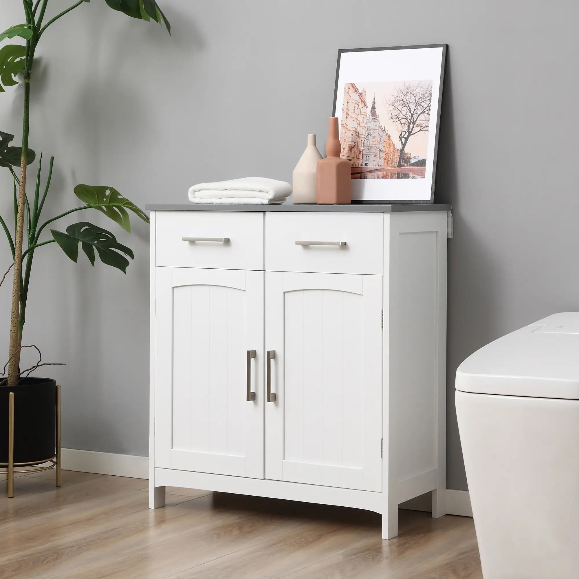 Freestanding Bathroom Cabinet, 2 Drawers, Double Doors, Adjustable Shelf, White Bathroom Cabinets at Gallery Canada