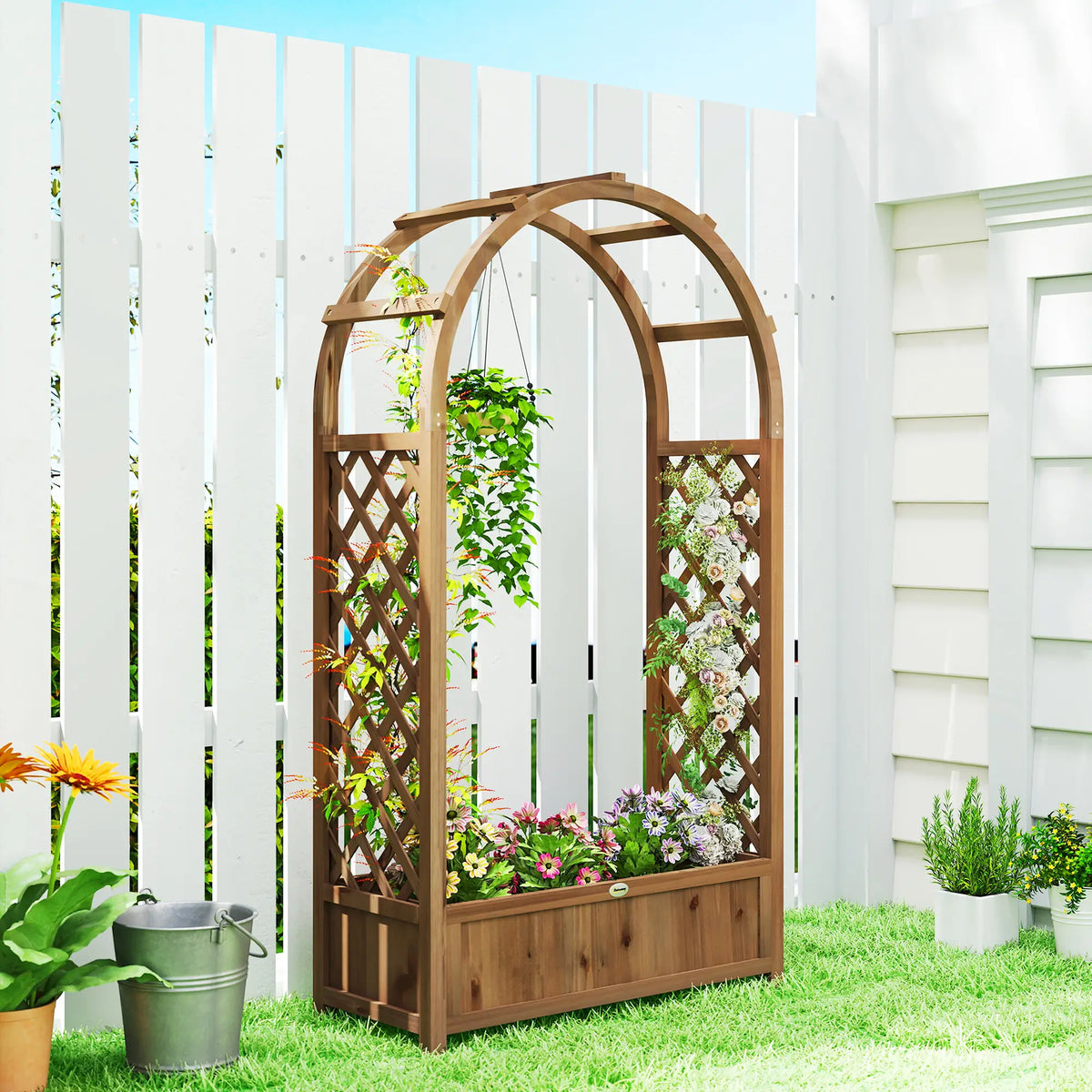 Raised Garden Bed With Arch Trellis, Planter Box, Dark Brown Wood Effect, Dark Brown Wooden Planter Boxes at Gallery Canada