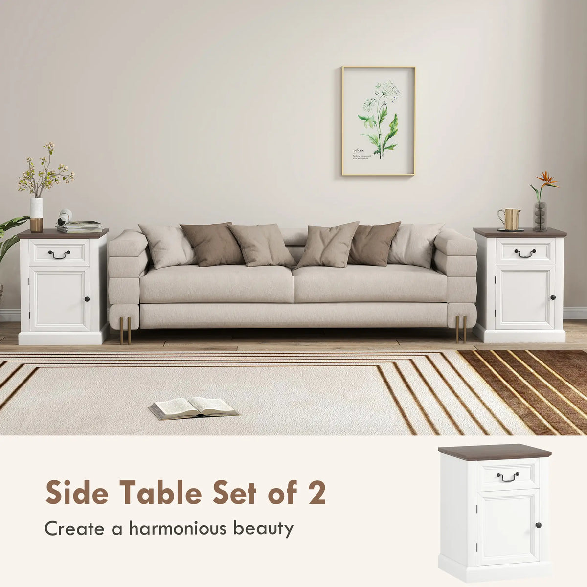Side Table Set of 2, with Drawer and Cabinet, White Side Tables at Gallery Canada