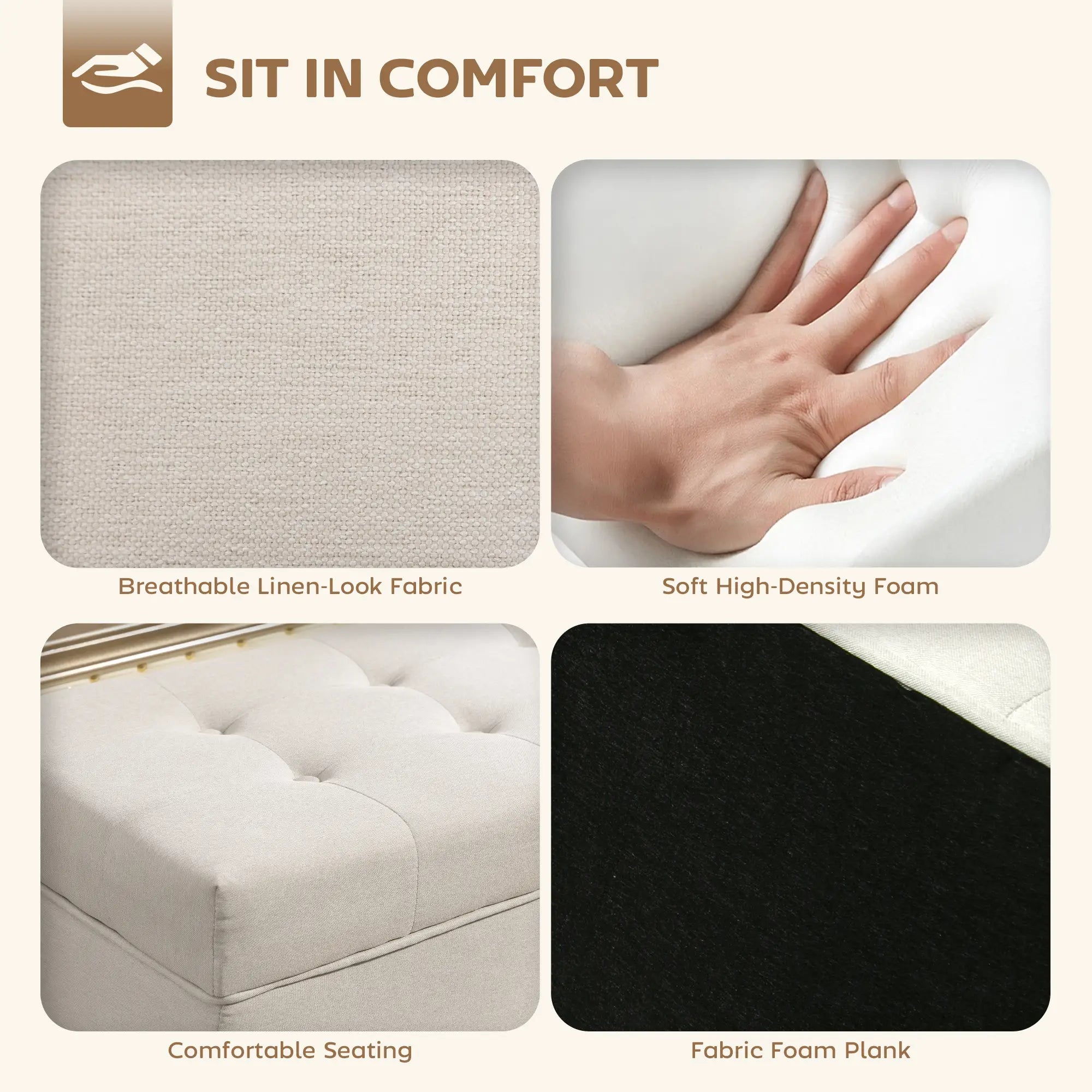 Storage Ottoman Bench with Lift-Up Lid, Wood Legs, Cream White Storage Ottomans & Benches at Gallery Canada