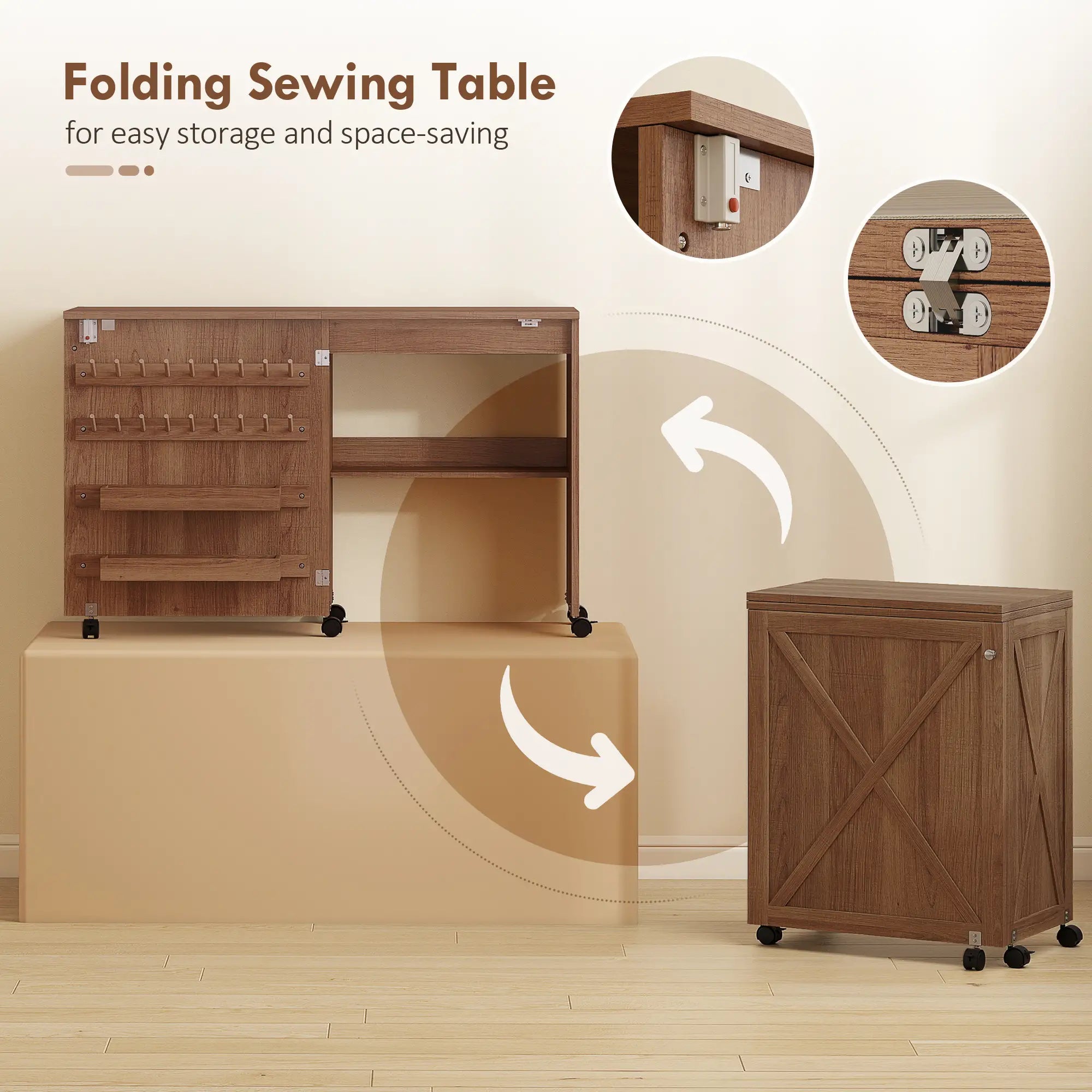 Sewing Machine Table on Wheels, Folding Craft Table with Storage, Brown Sewing Cabinets at Gallery Canada