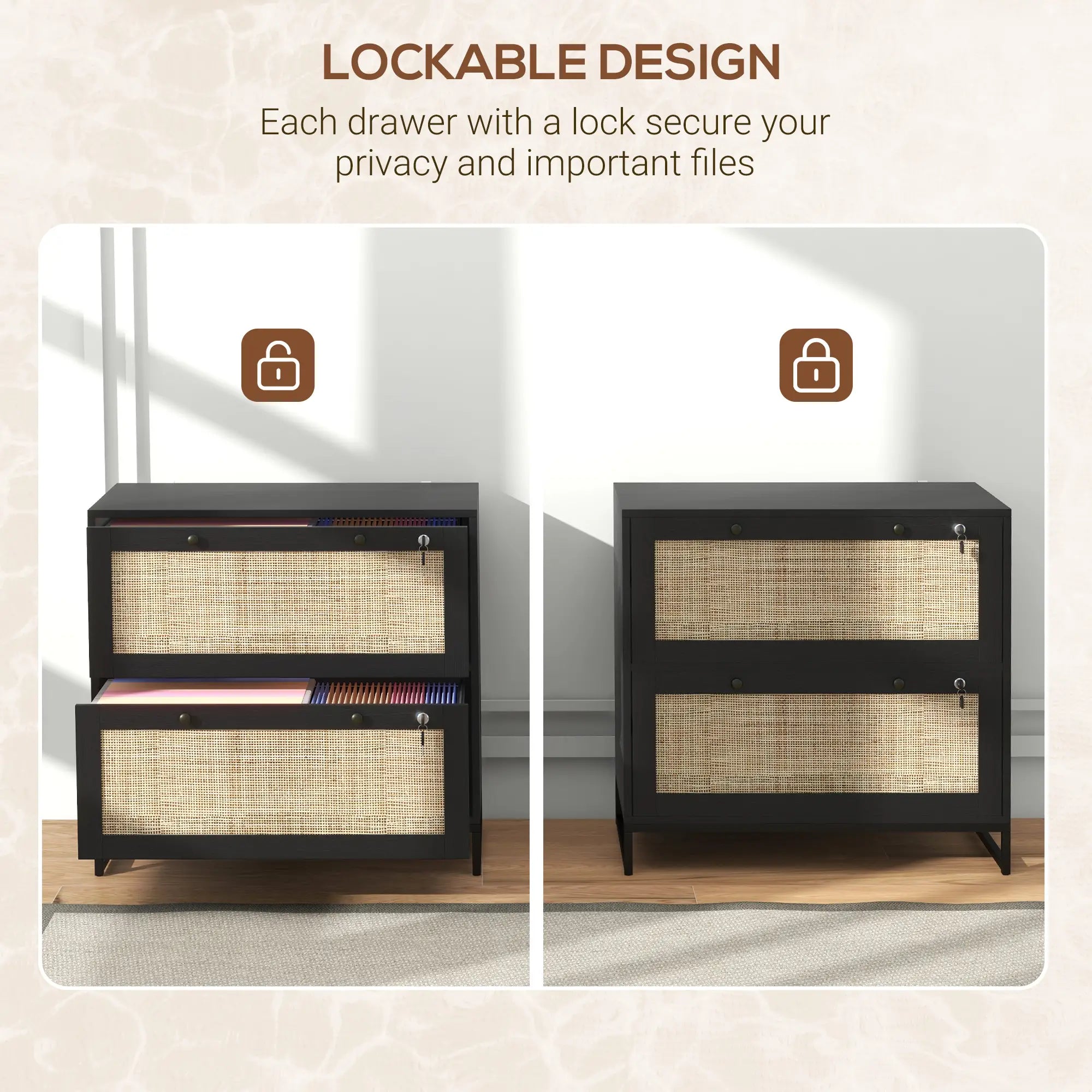 2-Drawer Filing Cabinet with Lock, Rattan, Adjustable Hanging Bar, Black Office Cabinets & Cupboards at Gallery Canada