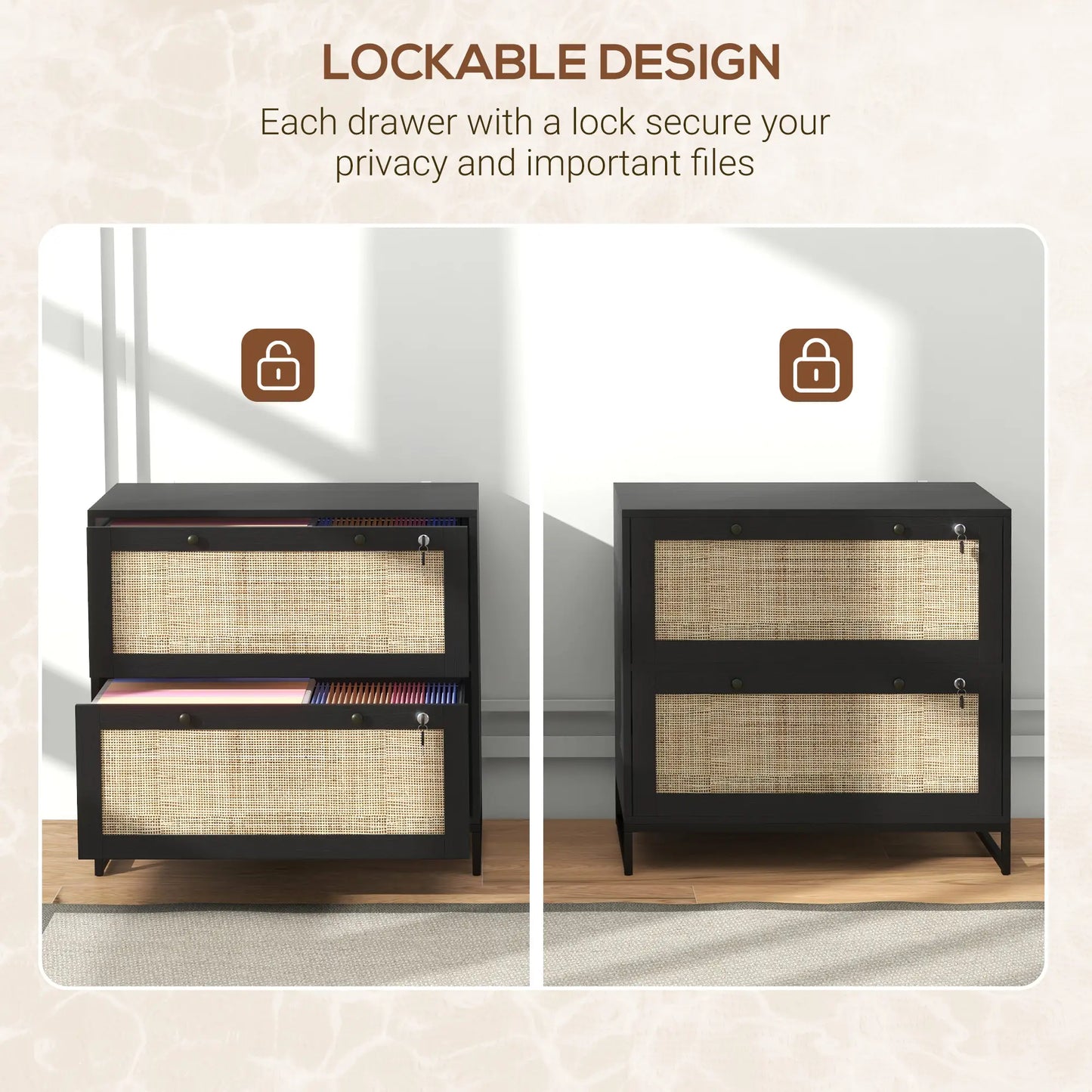 2-Drawer Filing Cabinet with Lock, Rattan, Adjustable Hanging Bar, Black Office Cabinets & Cupboards at Gallery Canada