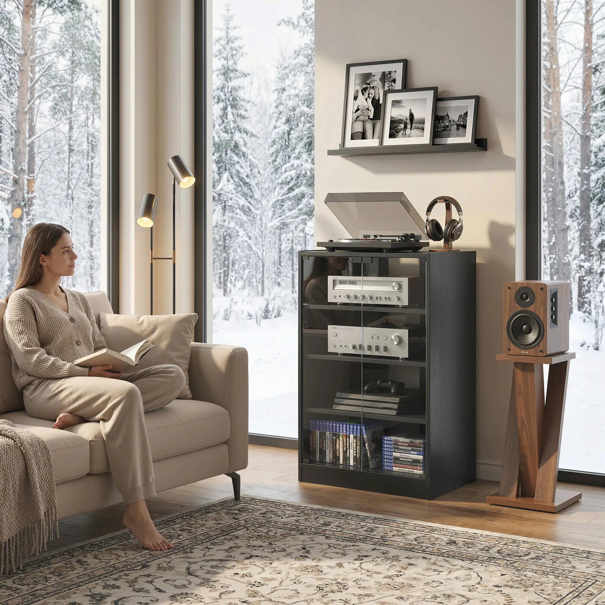 5-Tier AV Media Stand, Push Open Glass Doors, Adjustable Shelves, Distressed, Black Storage Cabinets at Gallery Canada