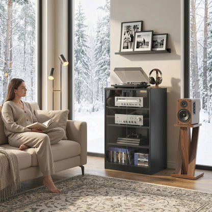 5-Tier AV Media Stand, Push Open Glass Doors, Adjustable Shelves, Distressed, Black Storage Cabinets at Gallery Canada