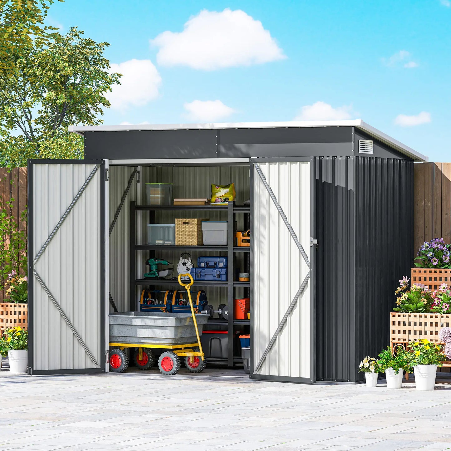 7.5' x 4.3' Outdoor Storage Shed, Waterproof Metal Garden Shed, Dark Grey Sheds at Gallery Canada