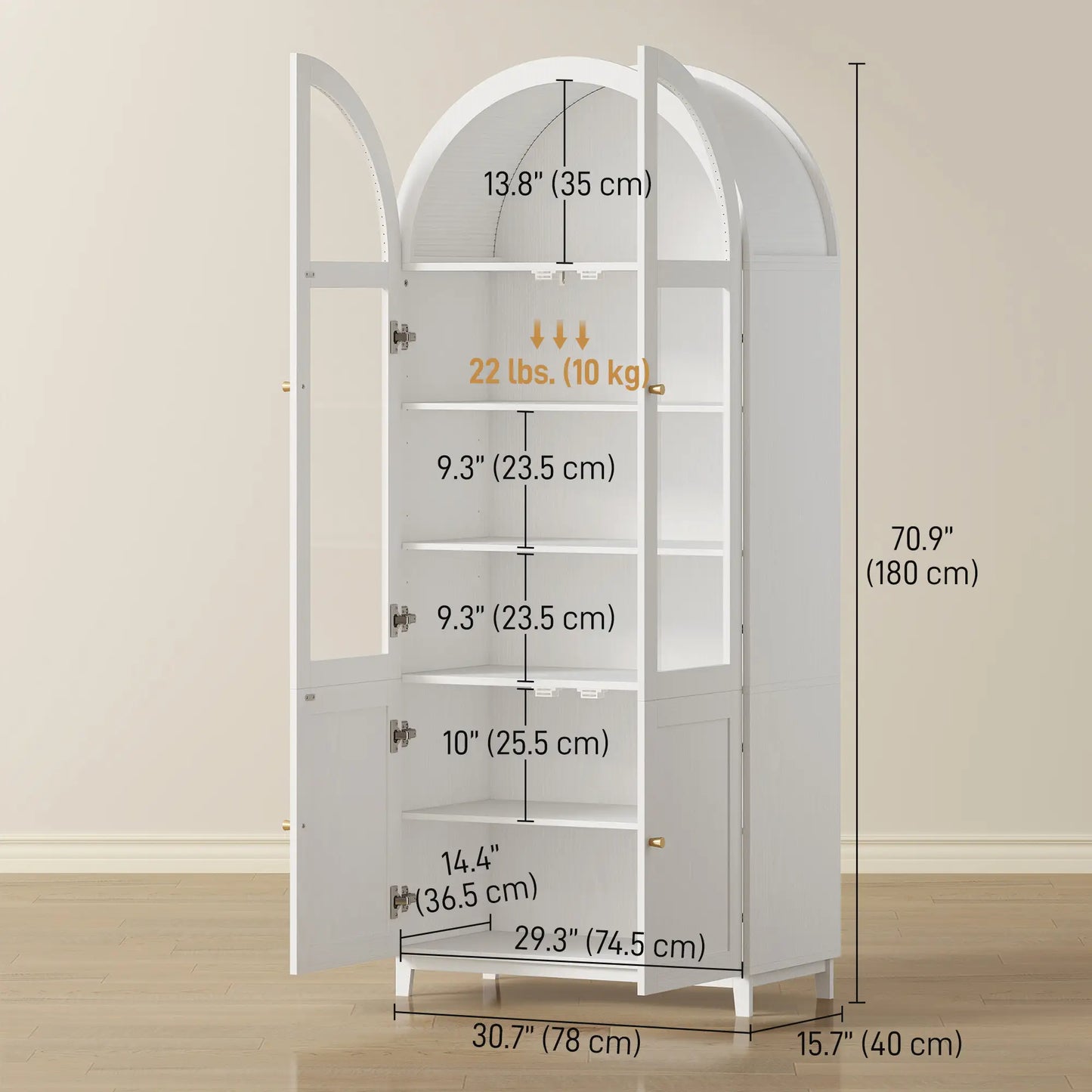 Armoire de garde-manger à arche, 71" de haut, portes en verre acrylique, blanc