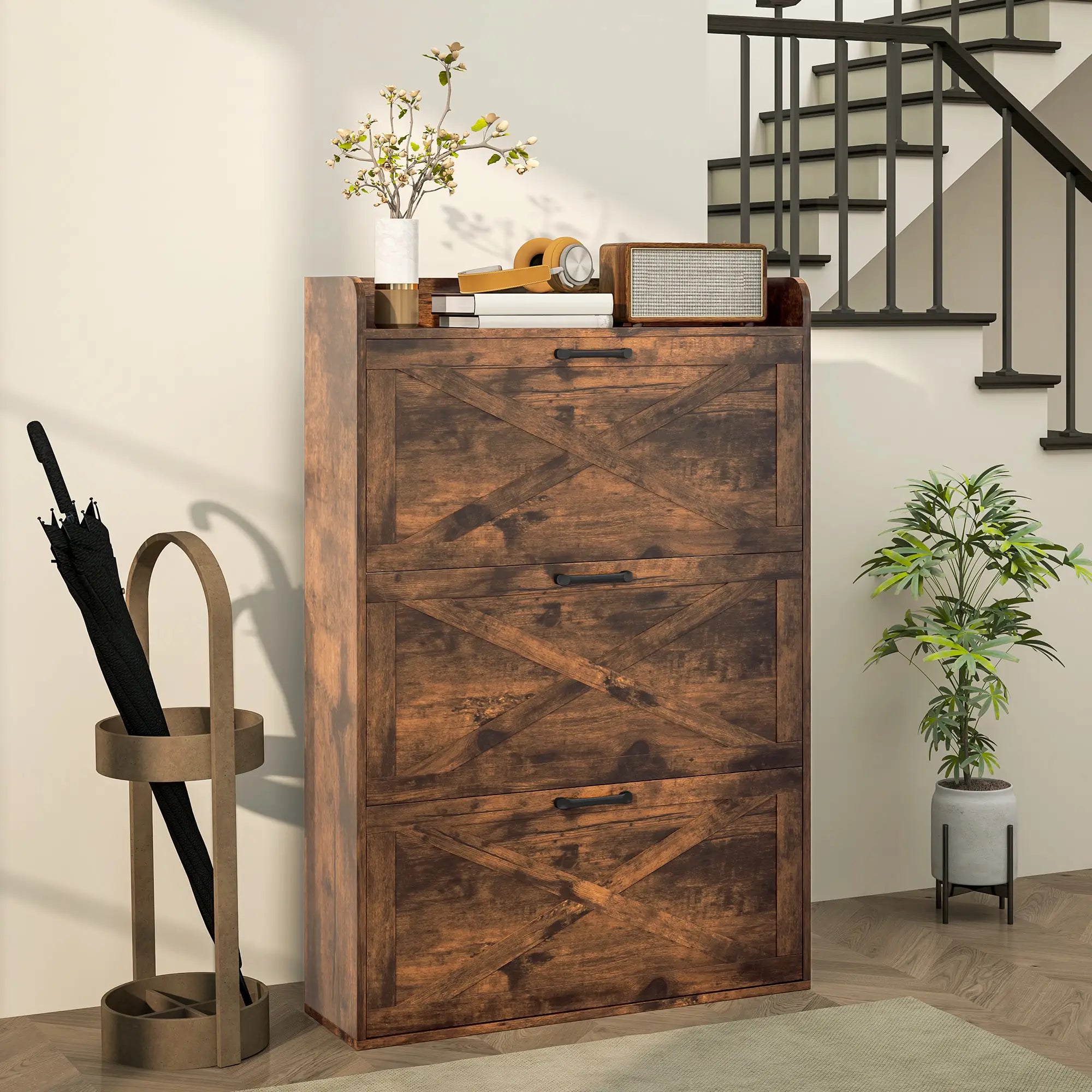 Narrow Shoe Storage Cabinet, 3 Flip Drawers, Adjustable Shelves, Rustic Brown Shoe Storage Cabinets & Racks at Gallery Canada