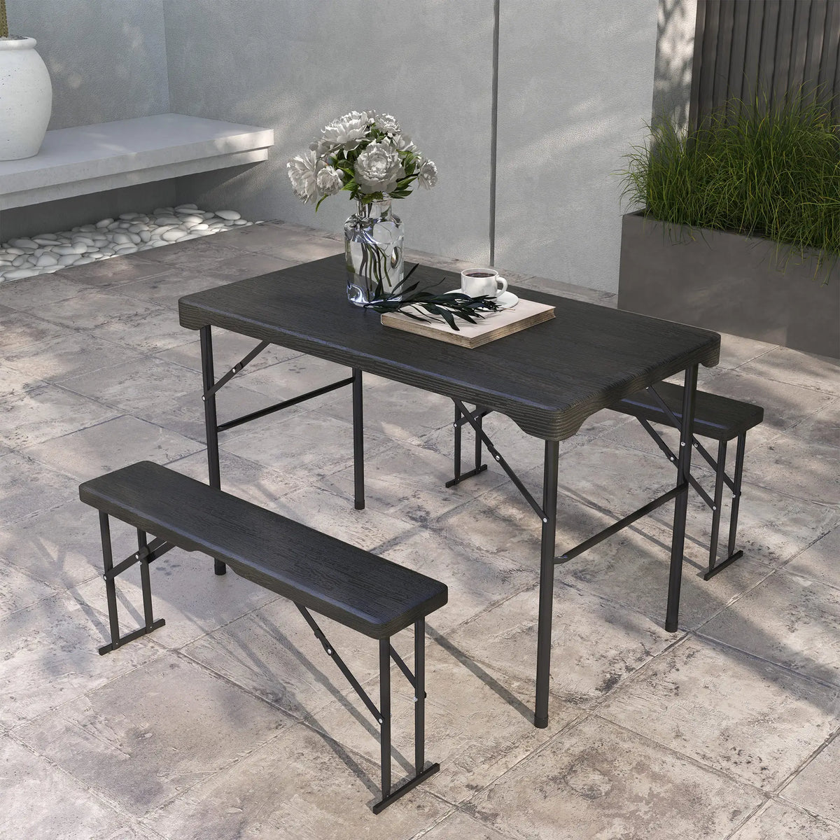 Folding Picnic Table With 2 Benches, 3-Piece Set, Dark Grey Bistro Sets at Gallery Canada