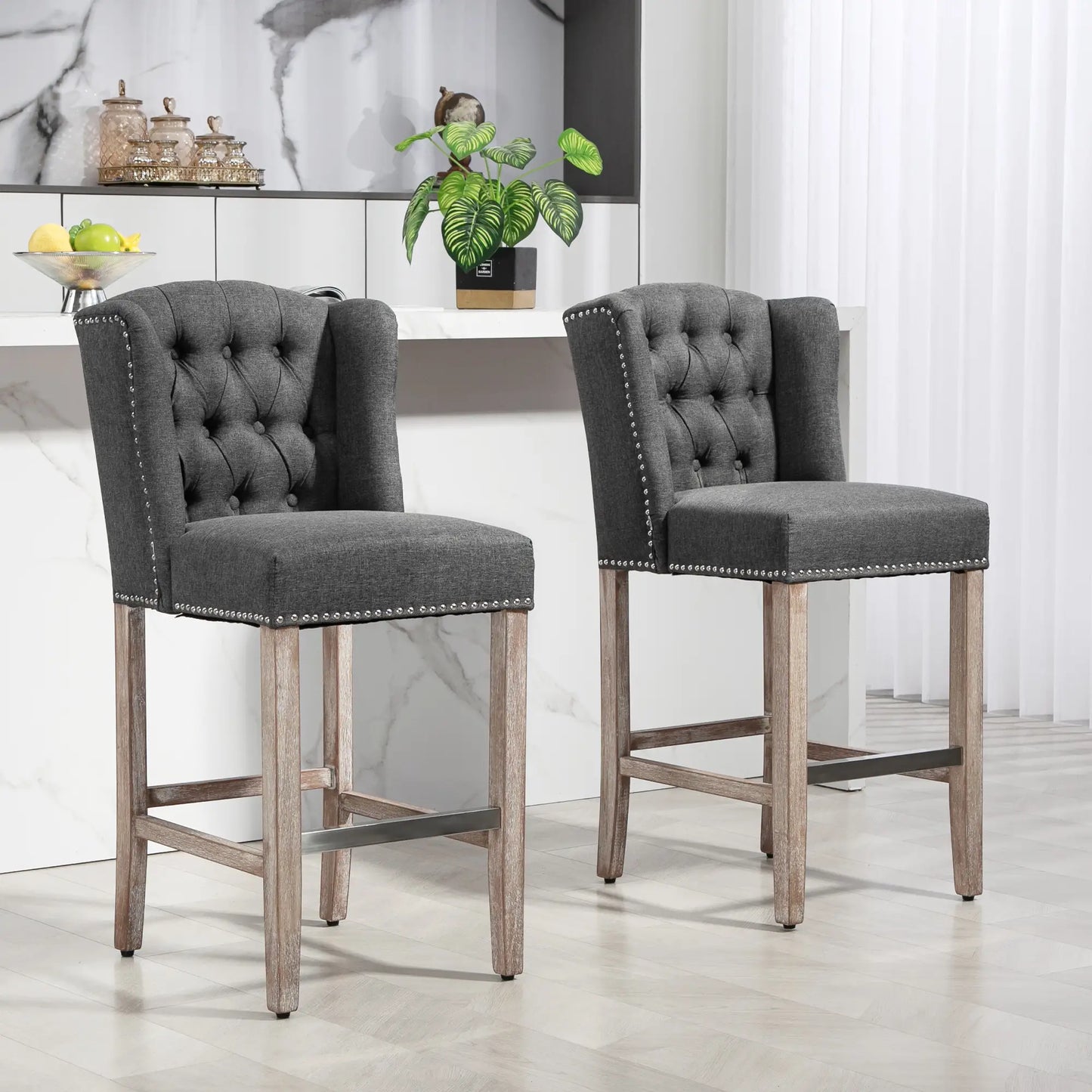 Counter Height Bar Stools Set of 2, Upholstered, Charcoal Grey Bar Stools at Gallery Canada