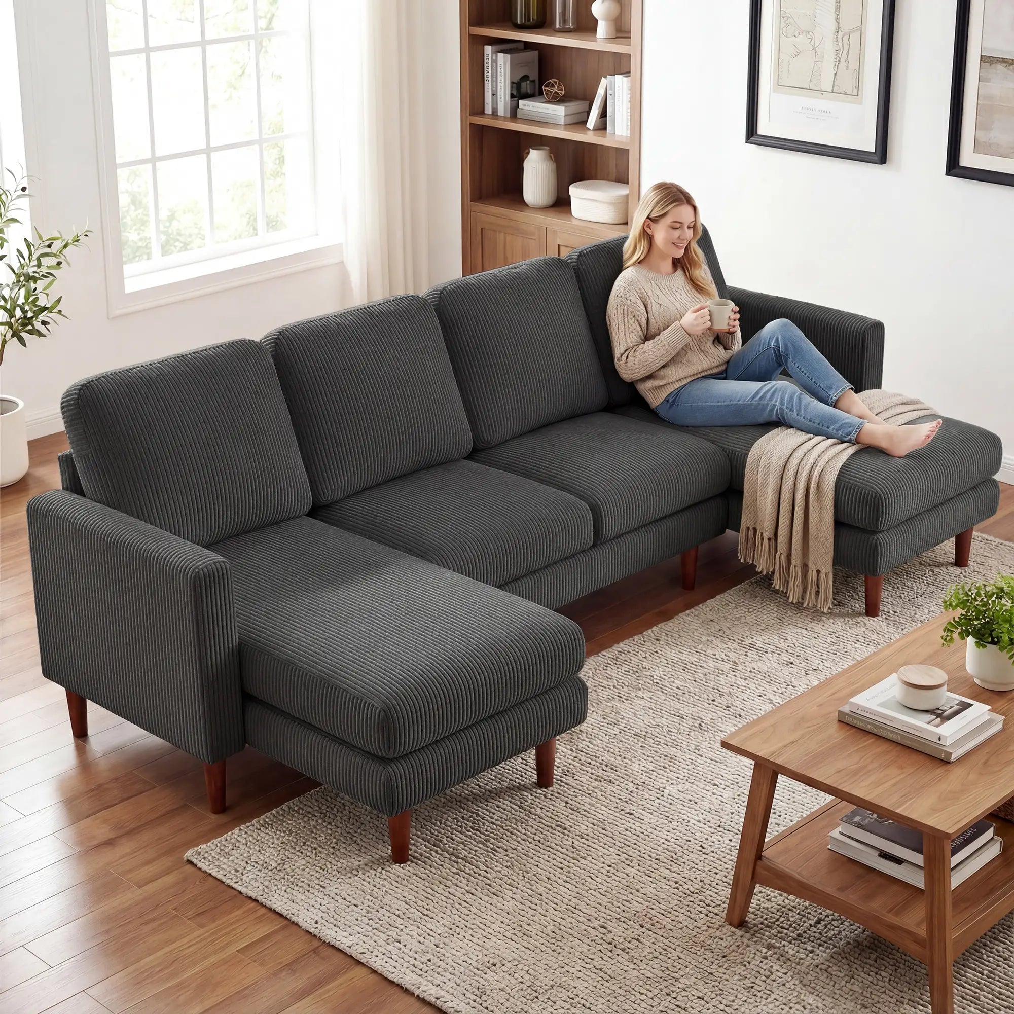 U Shaped Sectional Sofa, 2200lb Capacity, Corduroy, Double Chaise, Dark Grey 3-Seater Sofas at Gallery Canada