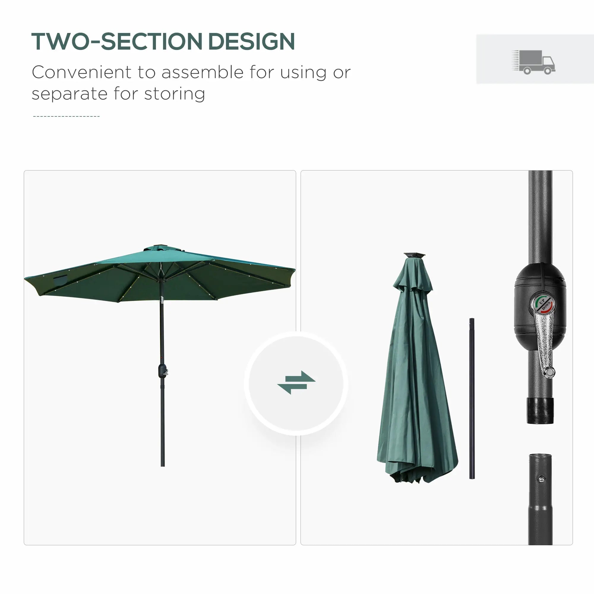 9ft Solar Patio Umbrella, 24 LED Lights, Tilt Canopy, Green Sun Umbrellas at Gallery Canada