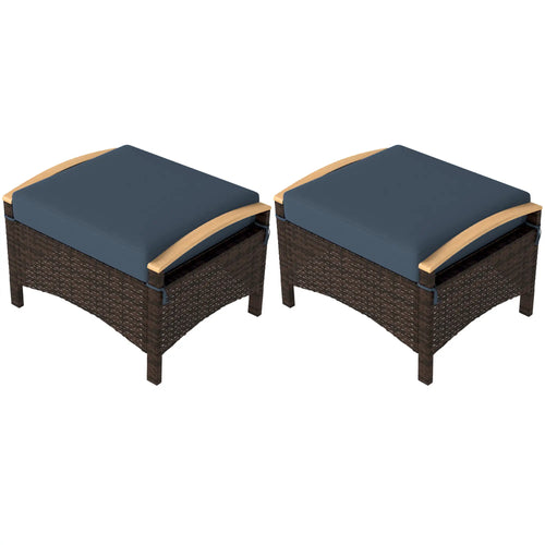 2 Wicker Ottomans, Removable Cushion, Rattan Footstool, Blue