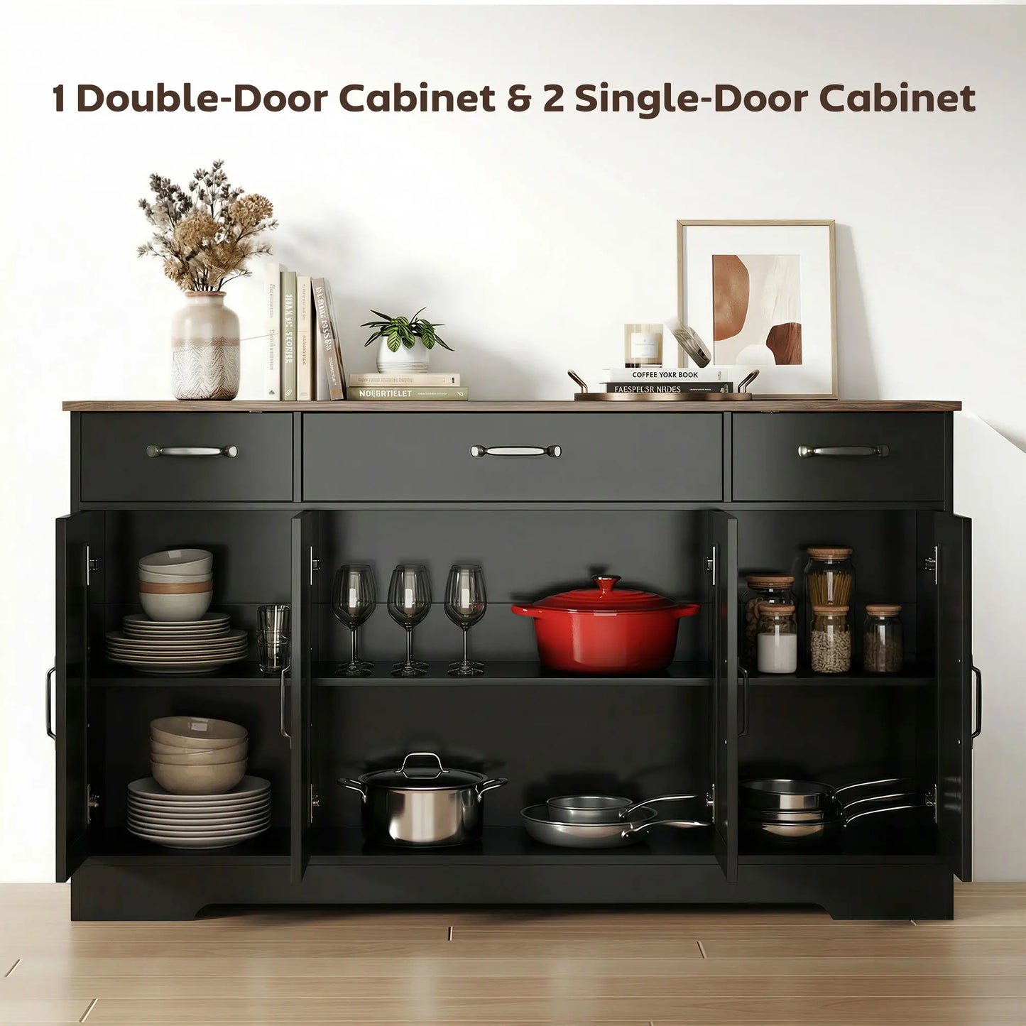 55" Sideboard Buffet Cabinet, Farmhouse Kitchen, 4 Barn Doors, 3 Drawers, Black Bar Cabinets at Gallery Canada