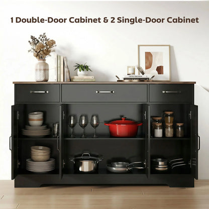 55" Sideboard Buffet Cabinet, Farmhouse Kitchen, 4 Barn Doors, 3 Drawers, Black Bar Cabinets at Gallery Canada