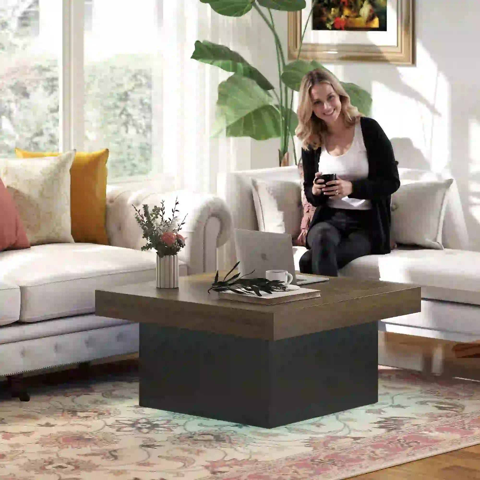 Square Coffee Table with LED Lights, 35-inch, Walnut Coffee Tables at Gallery Canada