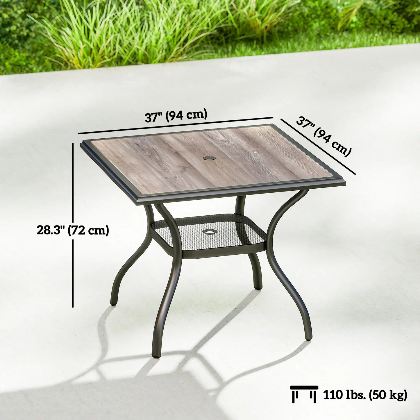 Square Outdoor Dining Table For 4, With Umbrella Hole And Shelf, Grey Patio Dining Tables at Gallery Canada
