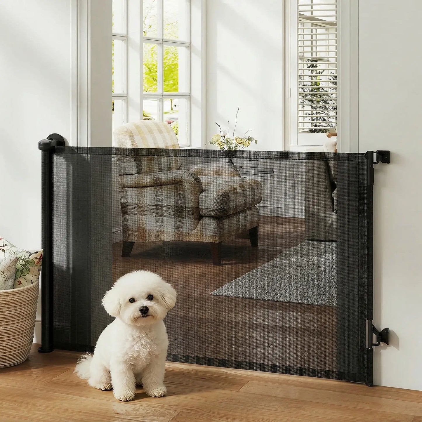 Retractable Dog Gate, 36.6" Tall, 55" Wide Mesh Pet Gate Pet Gates at Gallery Canada