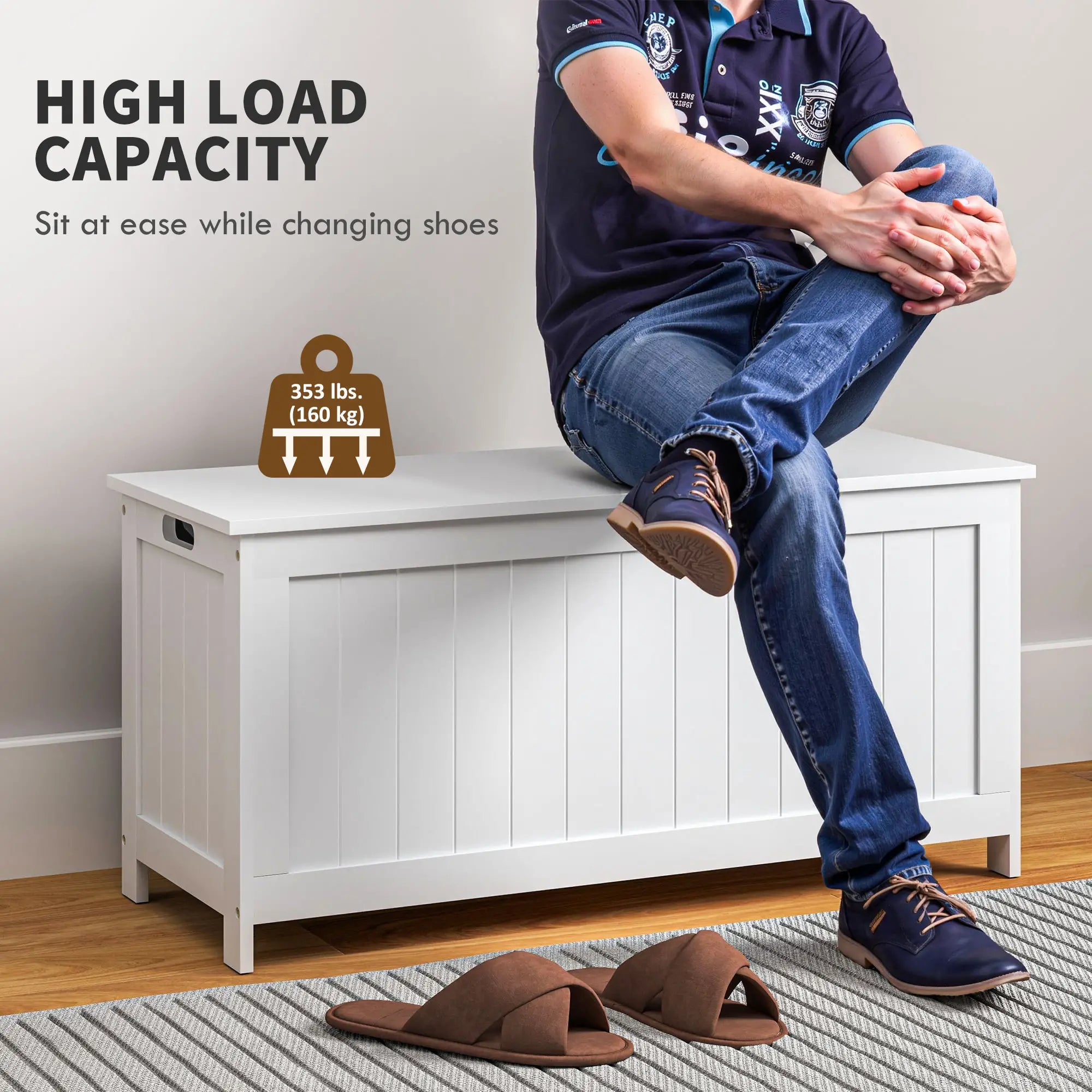 White Storage Trunk with Safety Hinges, Entryway Bench, Side Handles, White Storage Ottomans & Benches at Gallery Canada