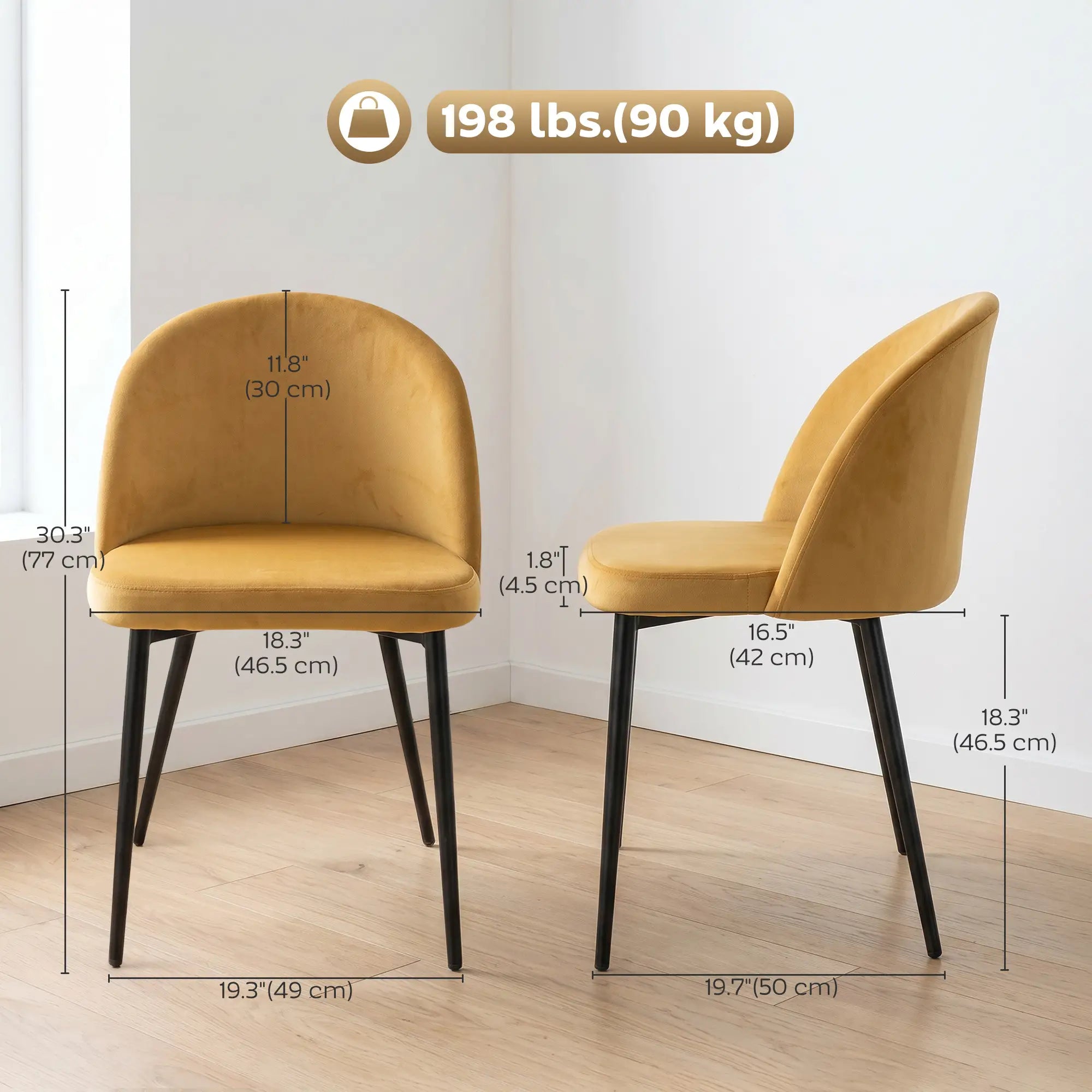Set of 2 Mid-Back Dining Chairs, Velvet Upholstery, Yellow Bar Stools at Gallery Canada